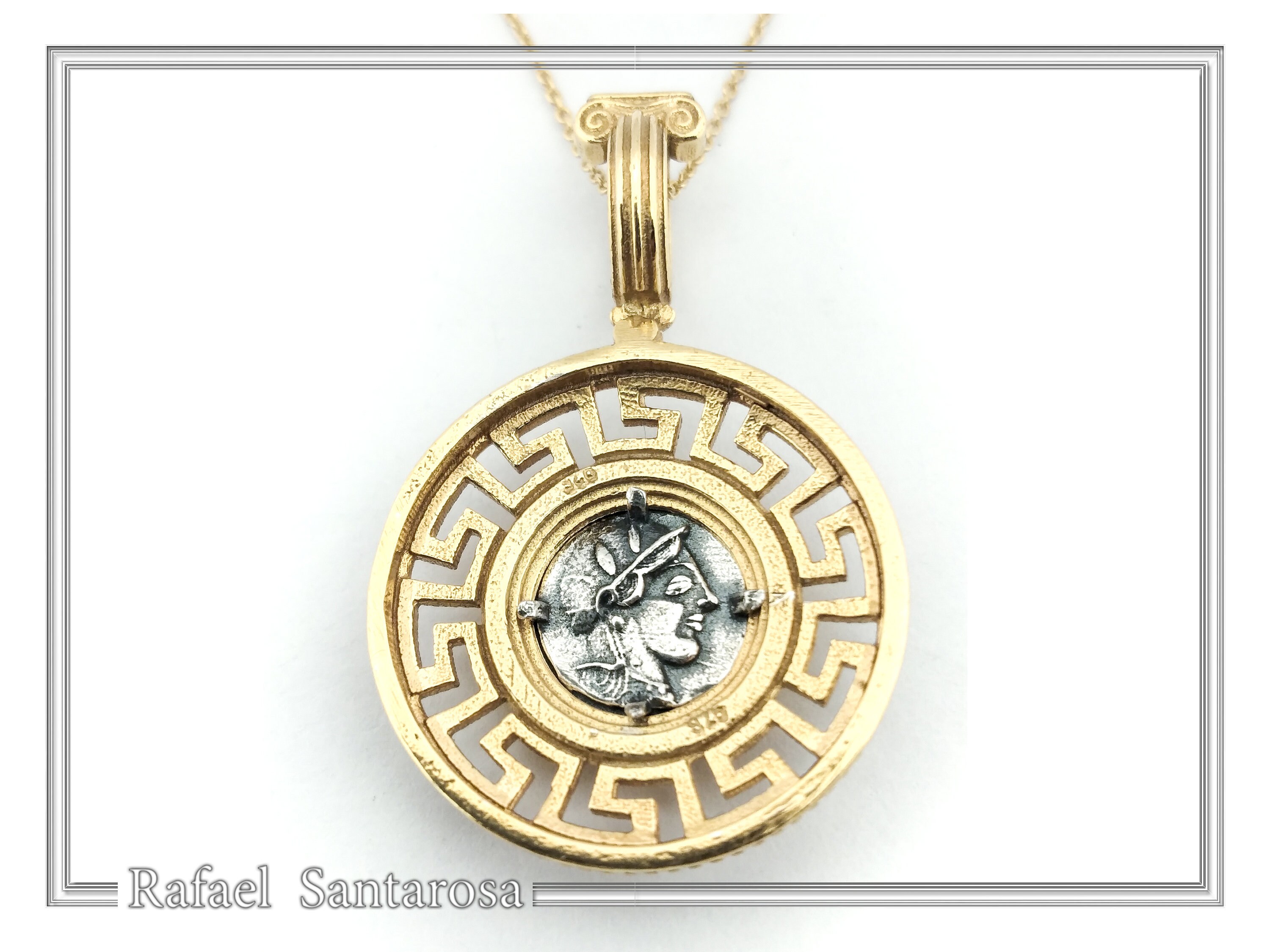 Athenian Owl Coin Pendant: 18k Gold-Filled Sterling Silver Greek Key Necklace — additional product image 7 from Rafael Santarosa Fine Jewelry