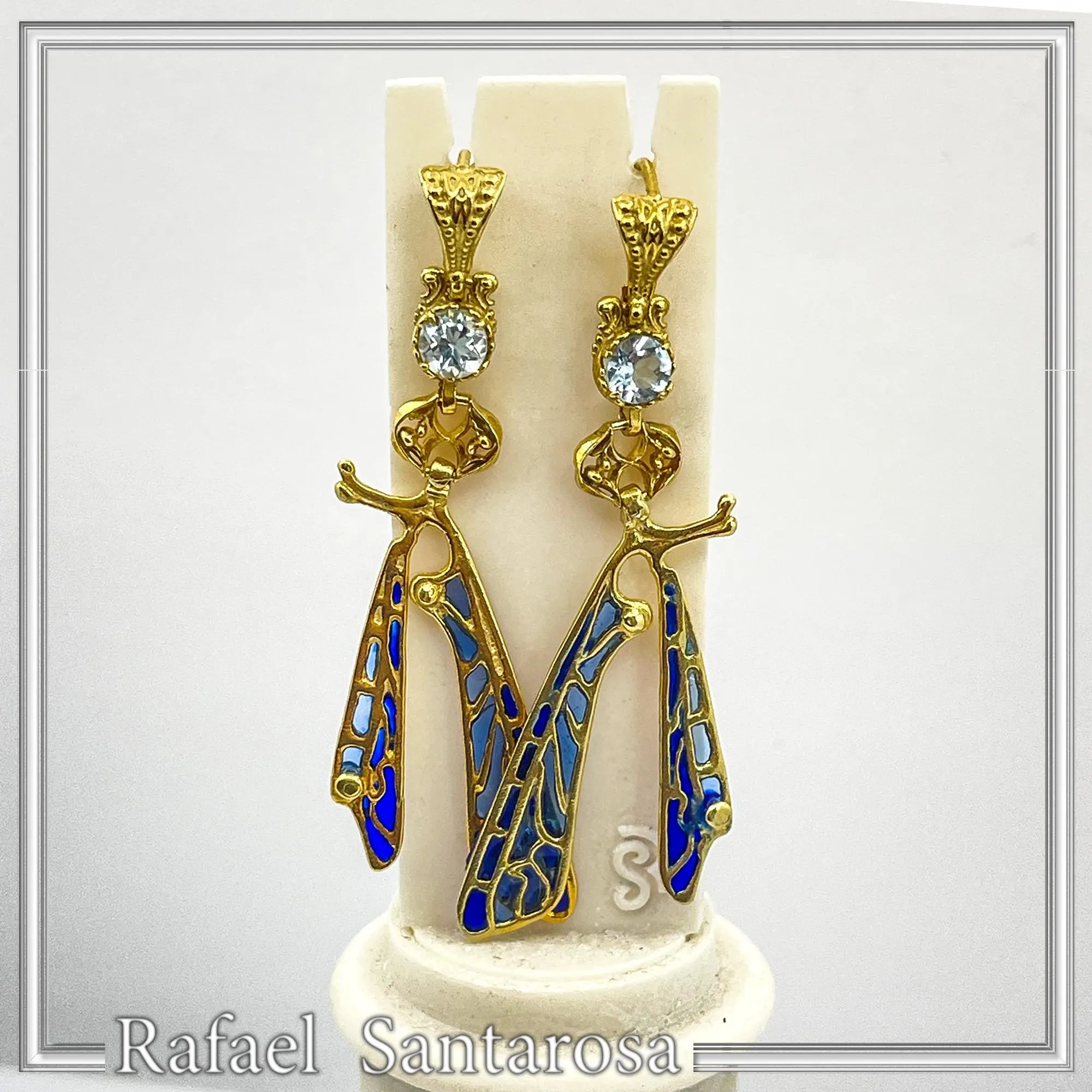 Art Nouveau Dragonfly feather Sterling Silver Earrings Gold Filled Blue Enamel Sky Blue Topaz Handmade Jewelry — additional product image 8 from Rafael Santarosa Fine Jewelry