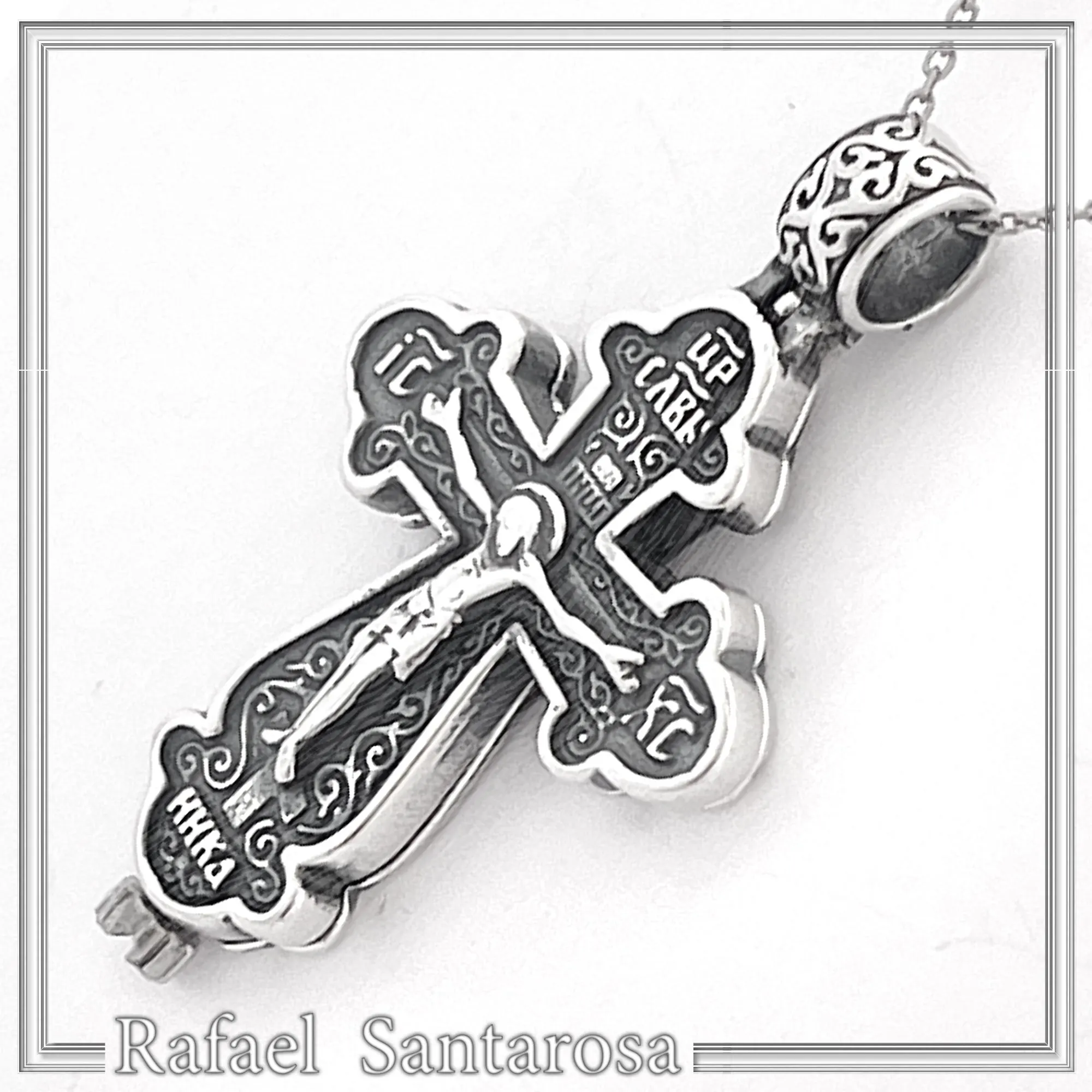 Byzantine Cyrillic Prayer Cross Locket Necklace: Russian Type Sterling Silver Reliquary Cross Pendant — additional product image 2 from Rafael Santarosa Fine Jewelry