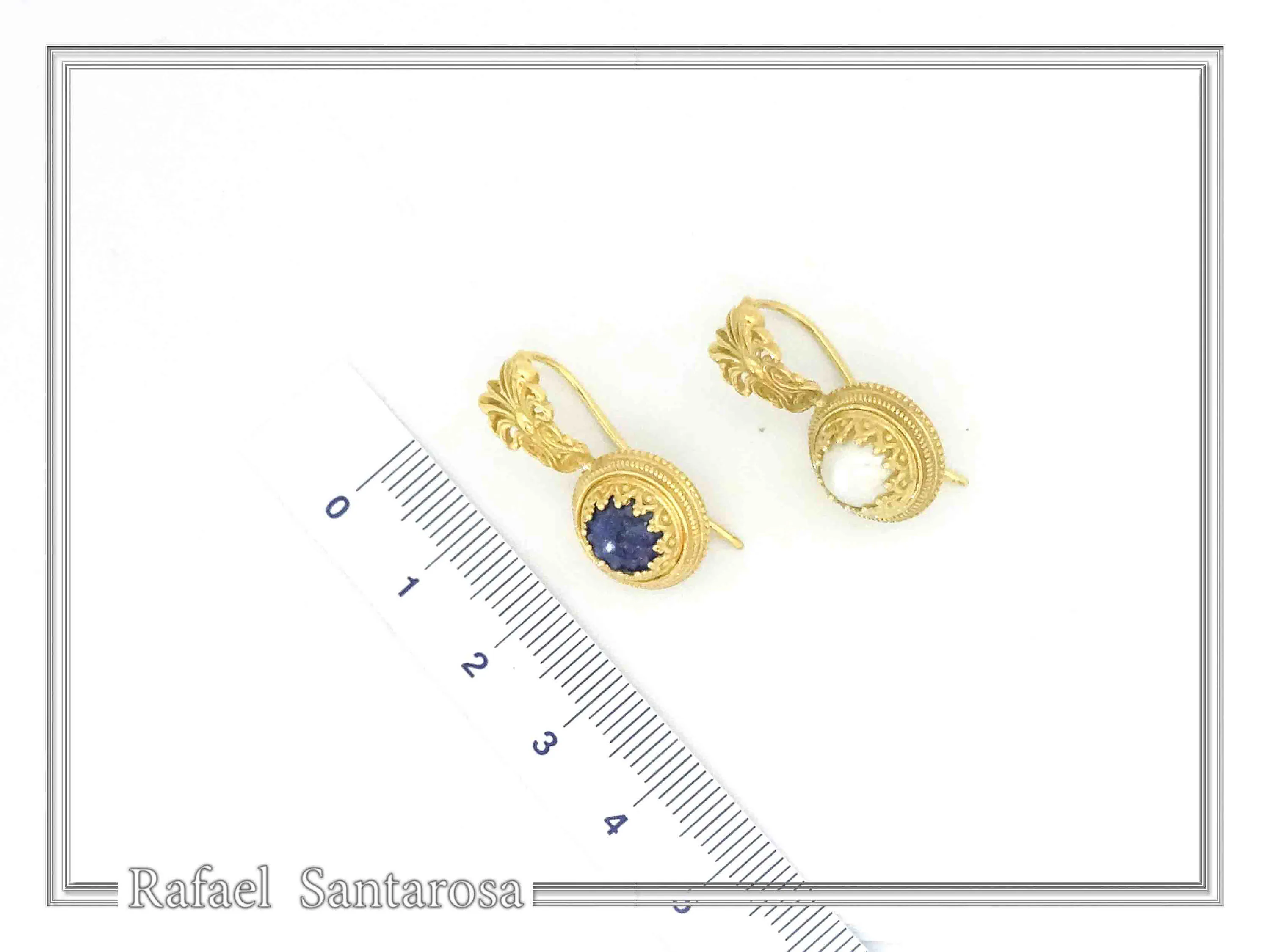 Natural Lapis Lazuli Ancient Greek Antefix Earrings: Sterling Silver Gold-Filled Filigree, — additional product image 8 from Rafael Santarosa Fine Jewelry