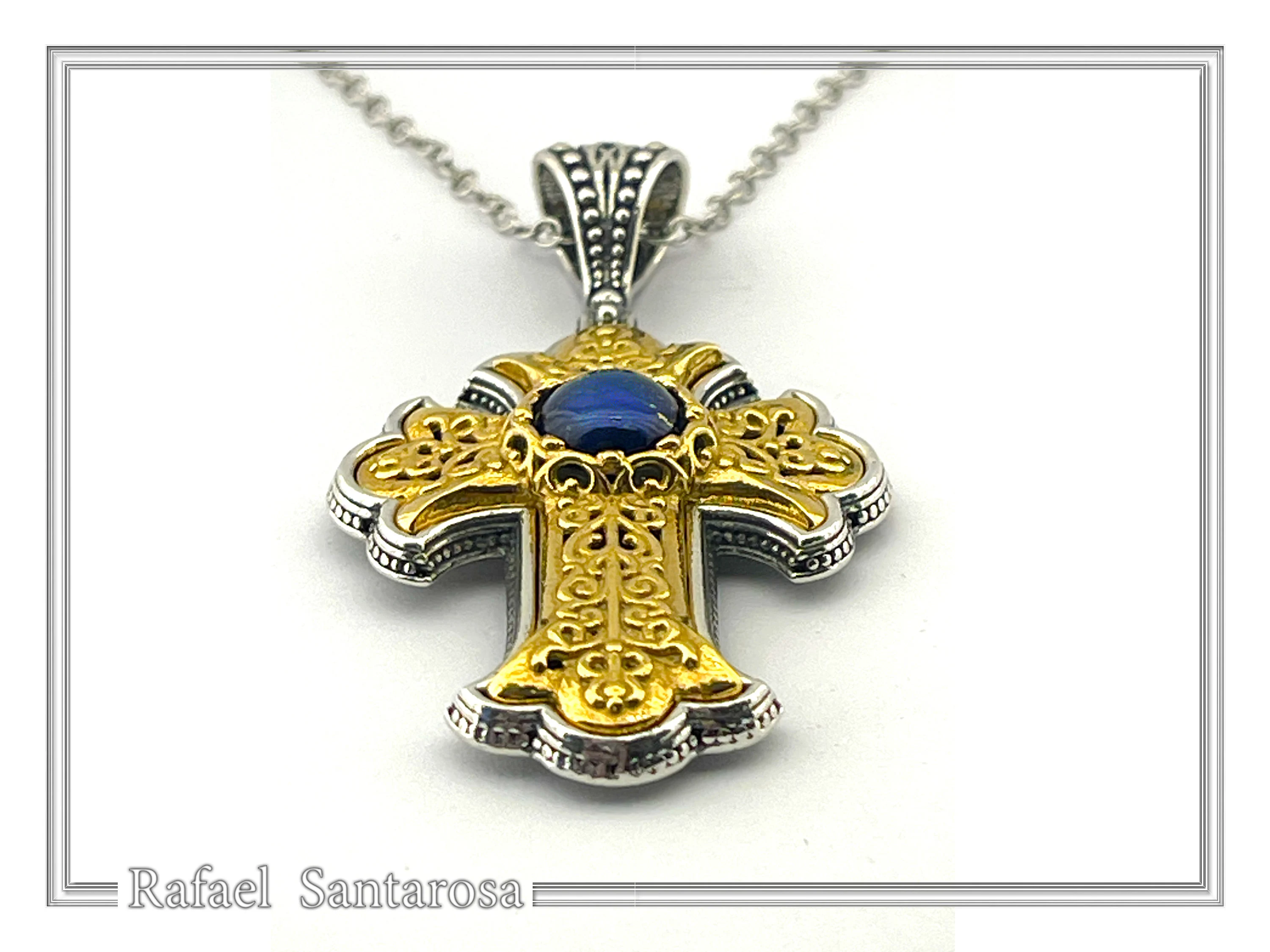 Natural Lapis Lazuli Imperial Byzantine Big Size Cross Necklace: Oxidized & 18K Gold Filled Silver — additional product image 6 from Rafael Santarosa Fine Jewelry