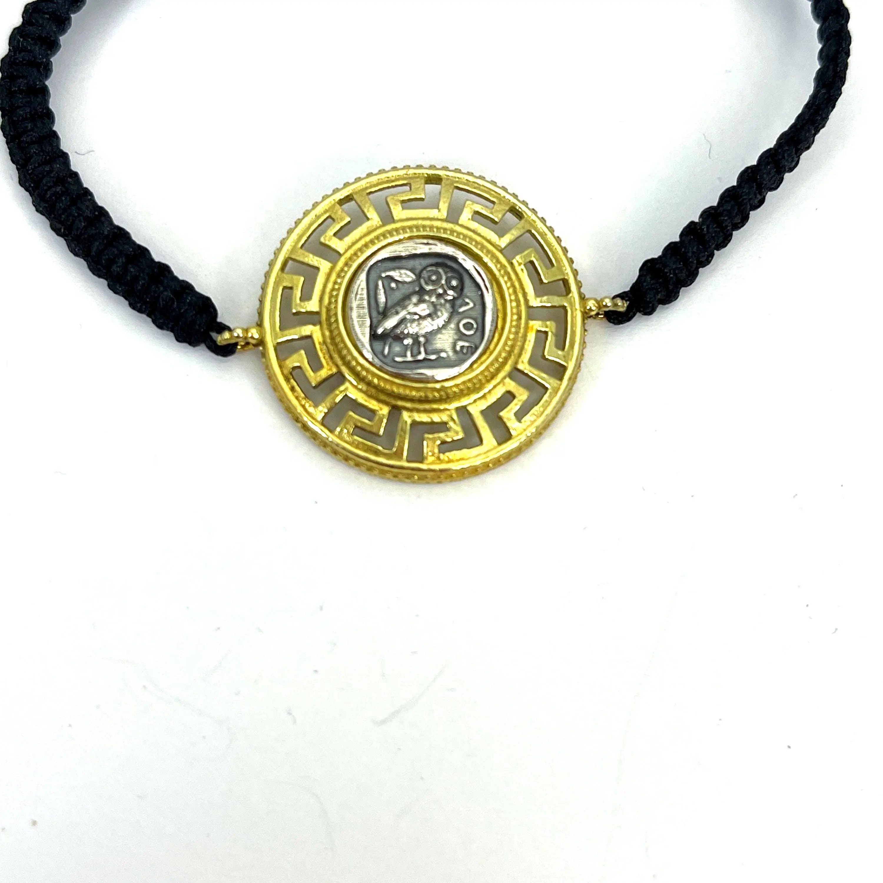 Owl Coin Tetradrachm with Greek Key Macrame Bracelet, 18K Gold Filled & Oxidized Sterling Silver — additional product image 3 from Rafael Santarosa Fine Jewelry