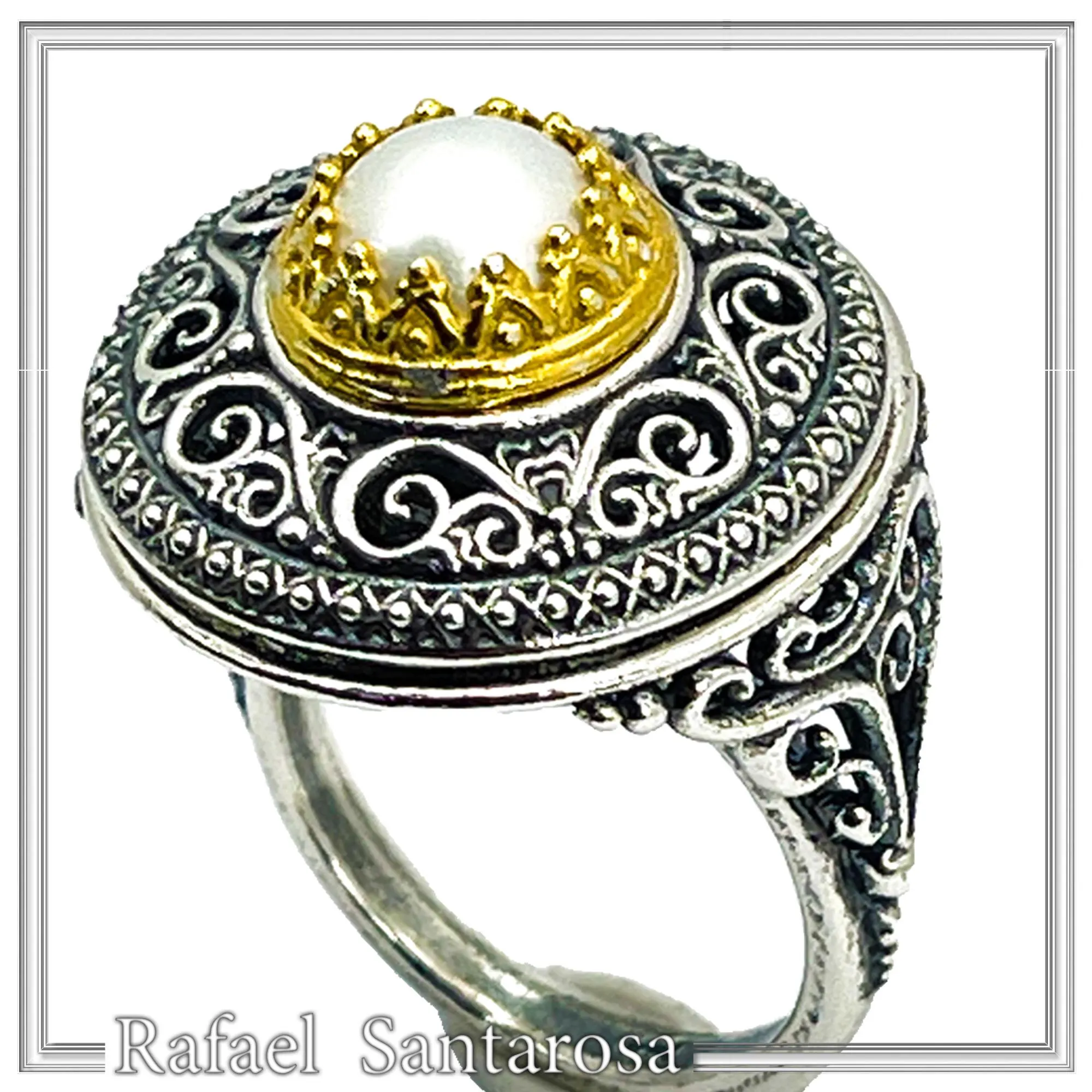 Oxidised sterling silver ring with 18k gold filled bezel and natural pearl center stone. — additional product image 5 from Rafael Santarosa Fine Jewelry