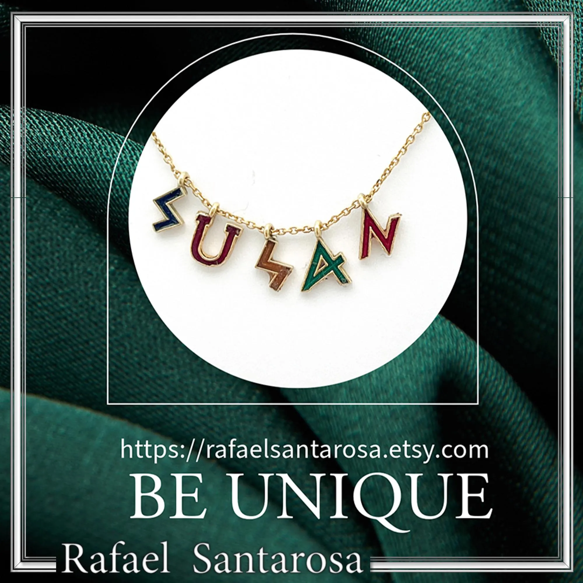 Personalized "Susan" Name Necklace: Multicolored Enamel on Greek Font Letter Silver 18K Gold Filled — additional product image 10 from Rafael Santarosa Fine Jewelry