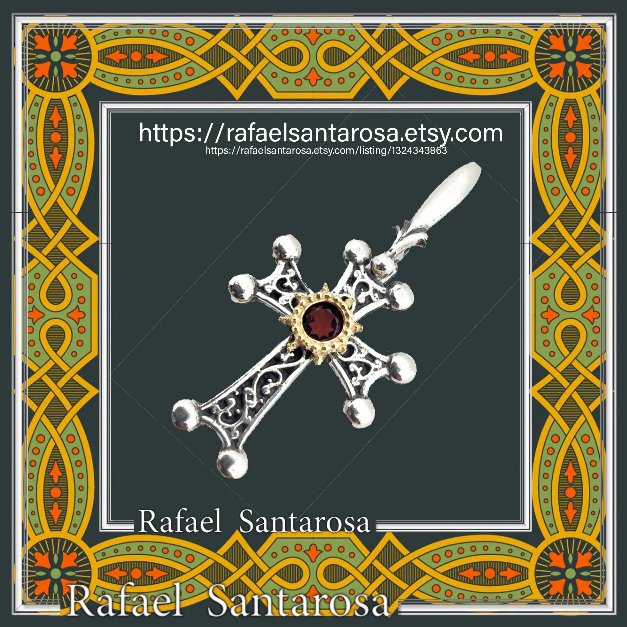 Byzantine Silver Hand engraved Cross with Genuine Amethyst: Oxidized silver, 18K gold Filled Bezel — additional product image 10 from Rafael Santarosa Fine Jewelry