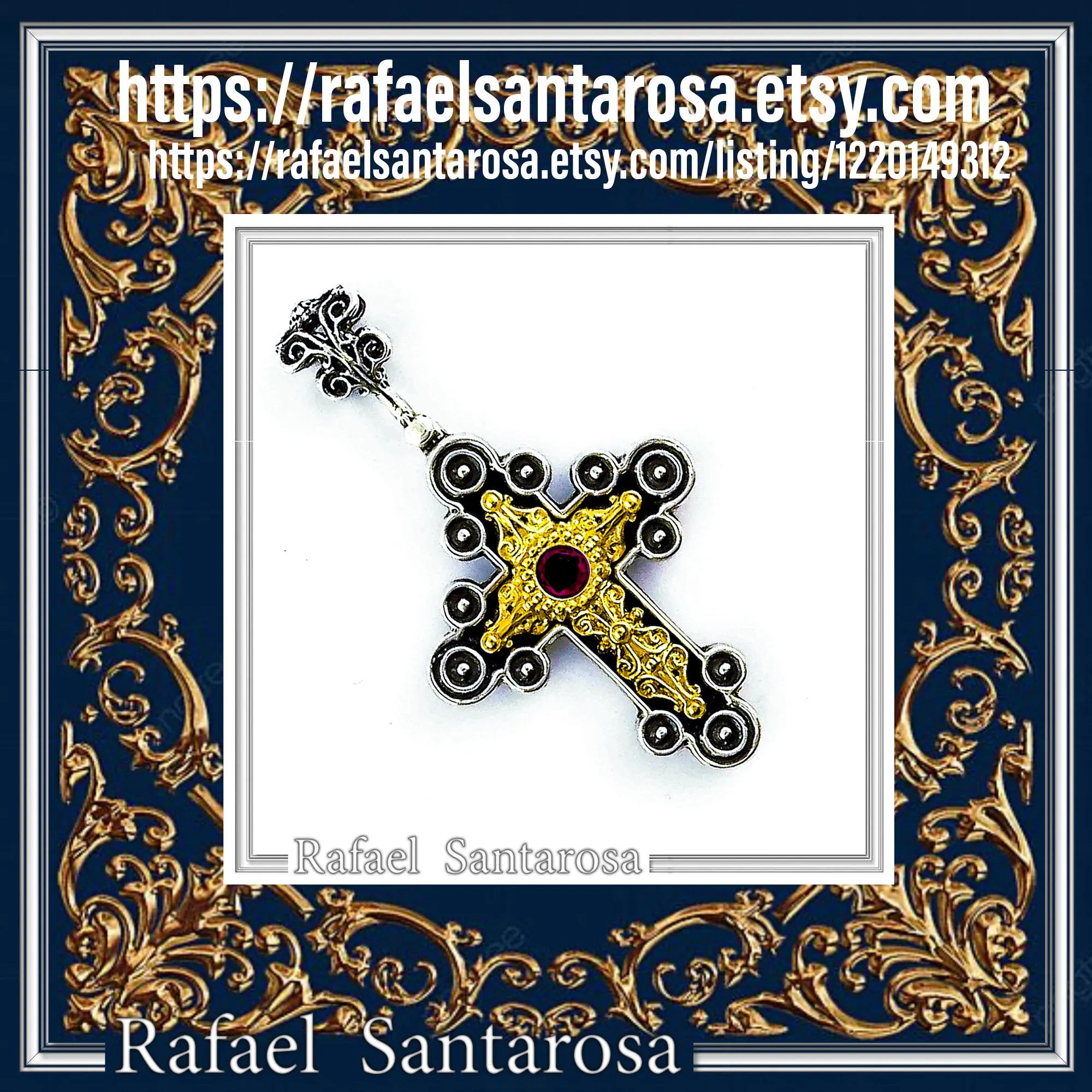 Byzantine Religious Cross Pendant Sterling Silver Oxidised 18k Gold Filled Garnet Necklace — additional product image 10 from Rafael Santarosa Fine Jewelry