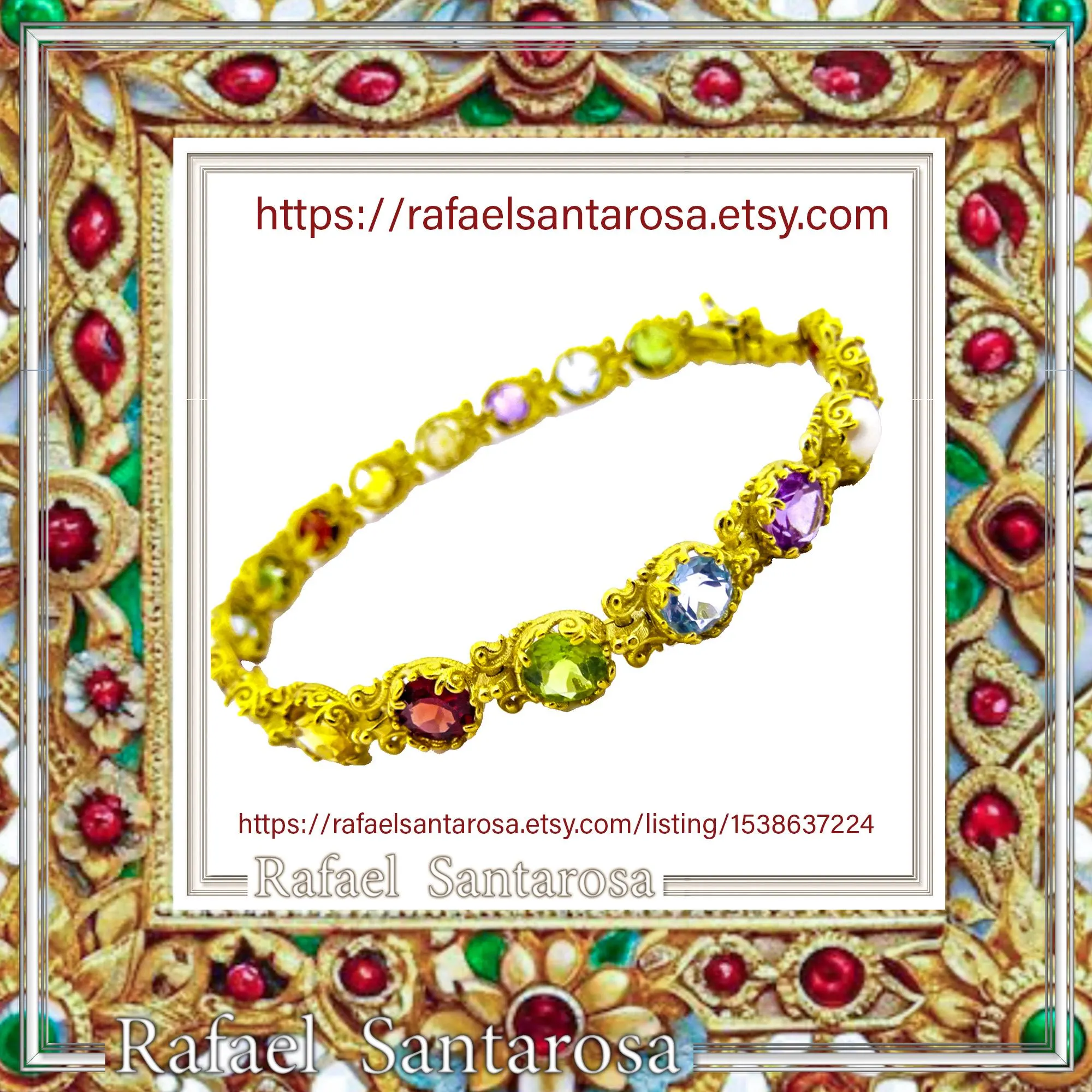 Multi Genuine Gemstone Beaded Bracelet: 18K Solid Gold Byzantine Filigree Tennis Bracelet — additional product image 10 from Rafael Santarosa Fine Jewelry