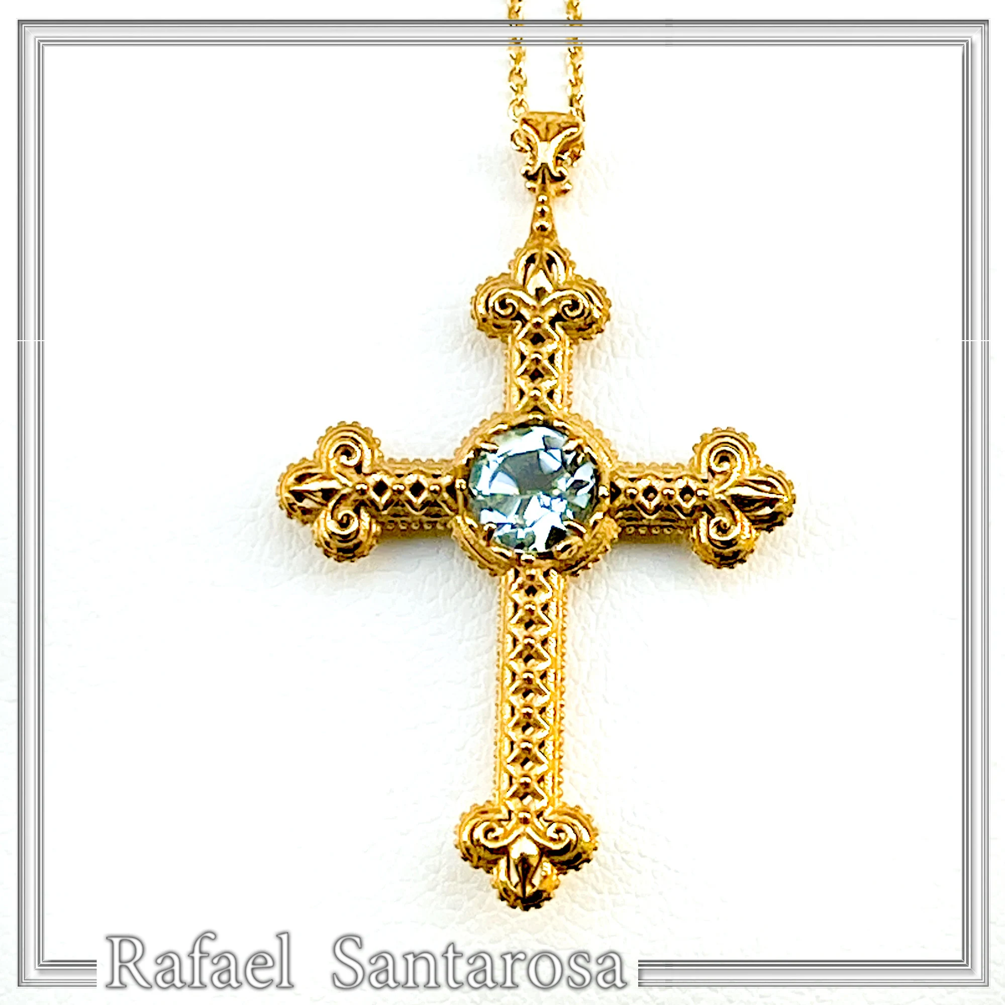 18K Solid Gold Natural Brilliant Cut Sky Blue Topaz Byzantine Filigree Cross Pendant