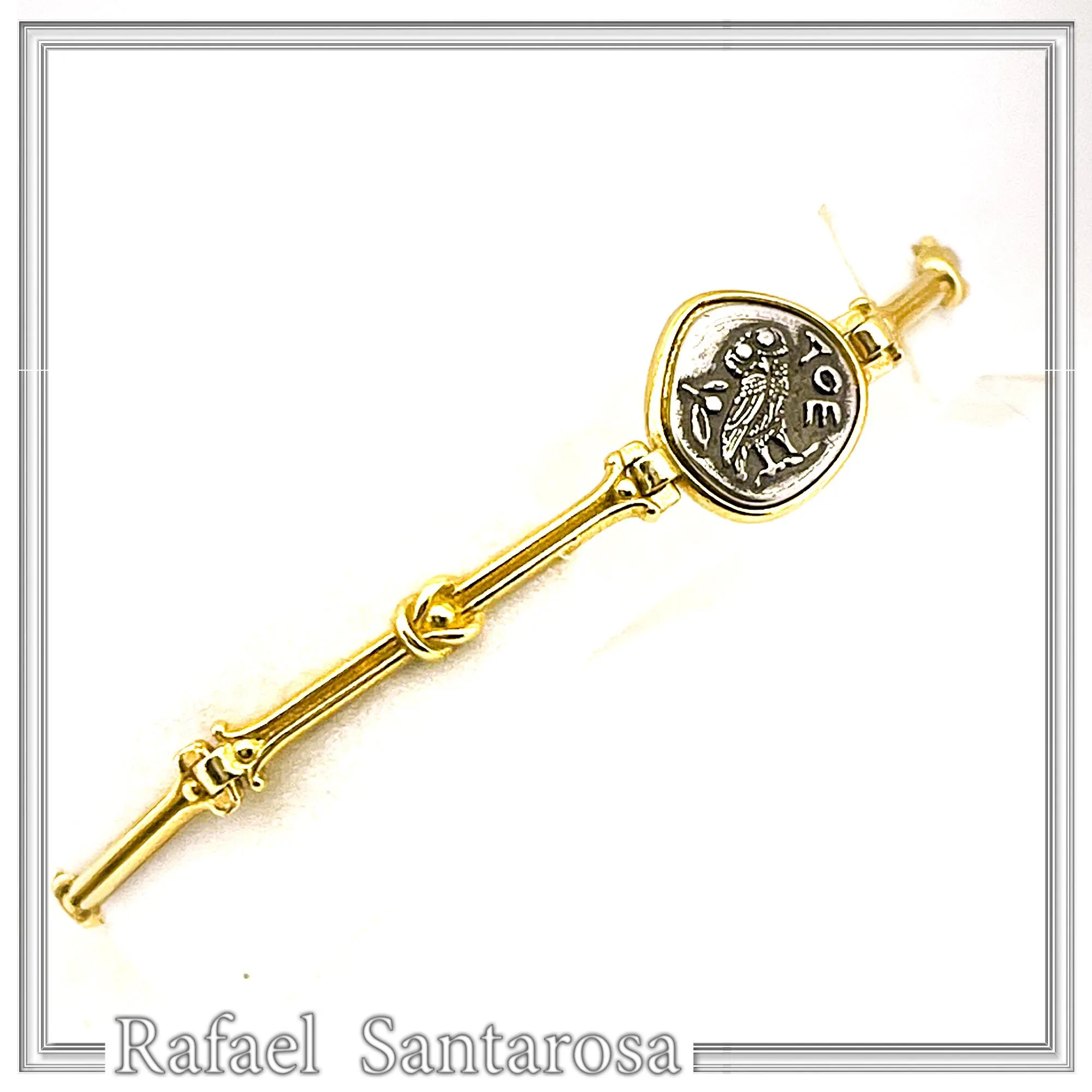 Athena Goddess Wisdom Owl Coin Bracelet: Oxidized & 18K Gold Filled Sterling Silver — additional product image 2 from Rafael Santarosa Fine Jewelry