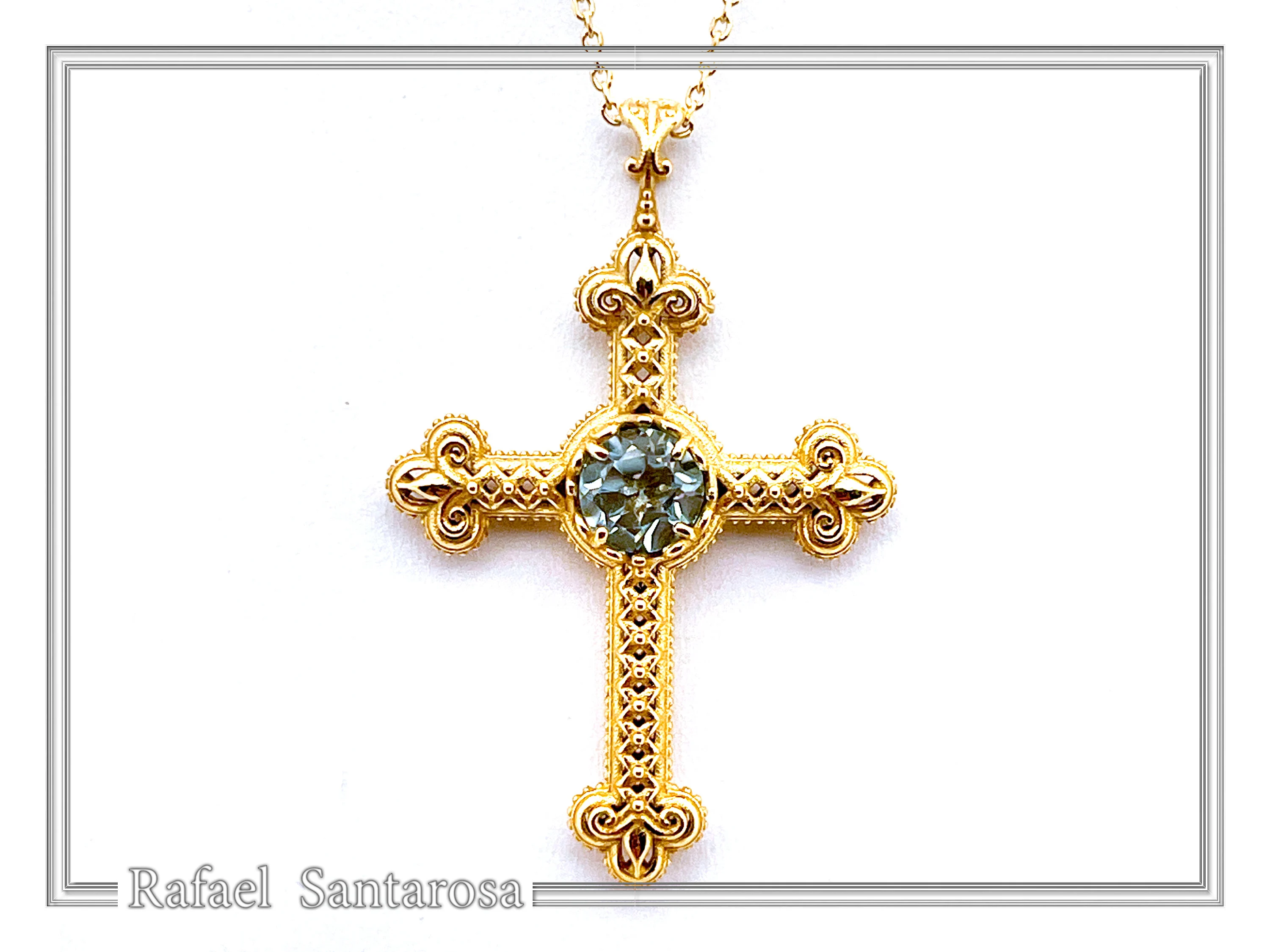 18K Solid Gold Natural Brilliant Cut Sky Blue Topaz Byzantine Filigree Cross Pendant — additional product image 3 from Rafael Santarosa Fine Jewelry
