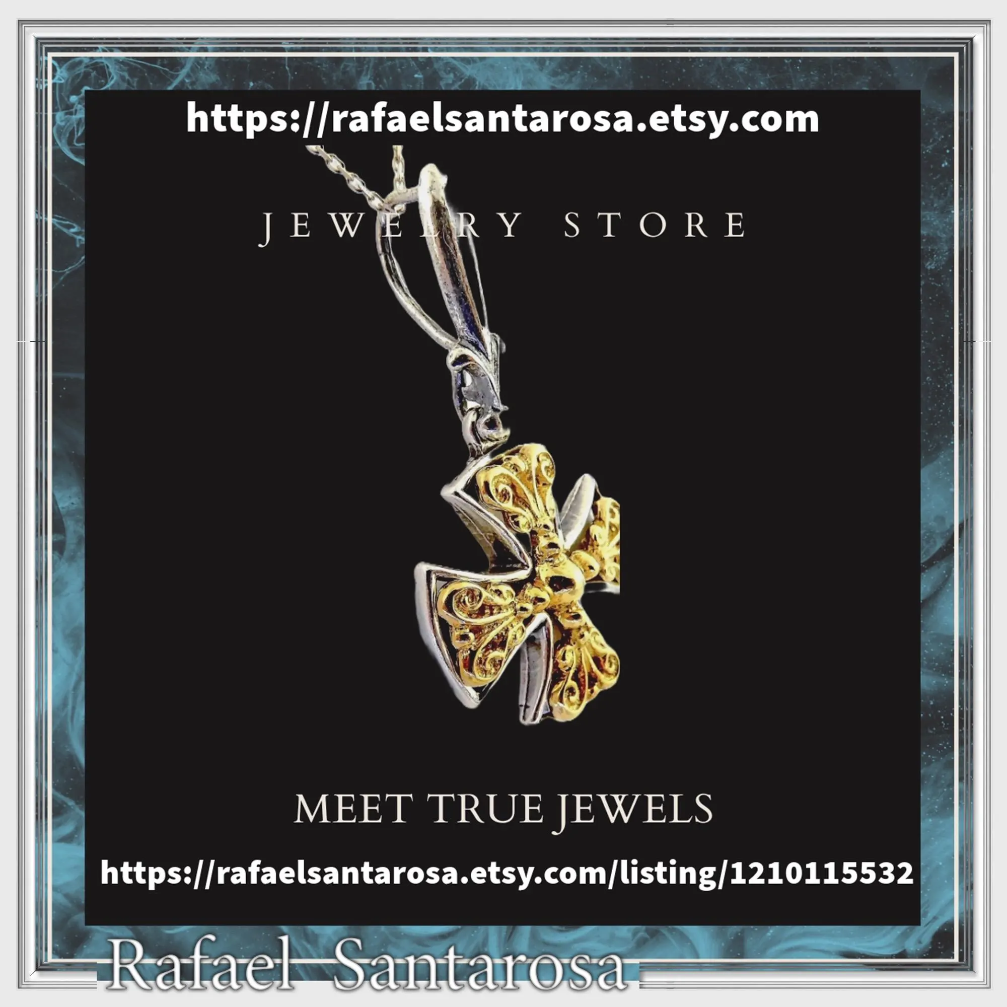 Byzantine Museum Religious Cross Pendant: 18K Gold Filled Filigree Cross on Oxidized Sterling Silver — additional product image 10 from Rafael Santarosa Fine Jewelry
