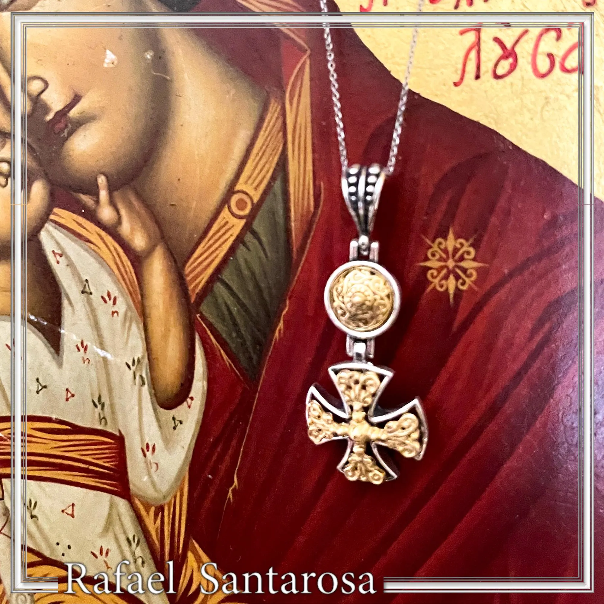 Byzantine Cross Necklace Sterling Silver Oxidized & 18K Gold Filled Handmade Pendant, Medieval Christian Jewelry — additional product image 9 from Rafael Santarosa Fine Jewelry