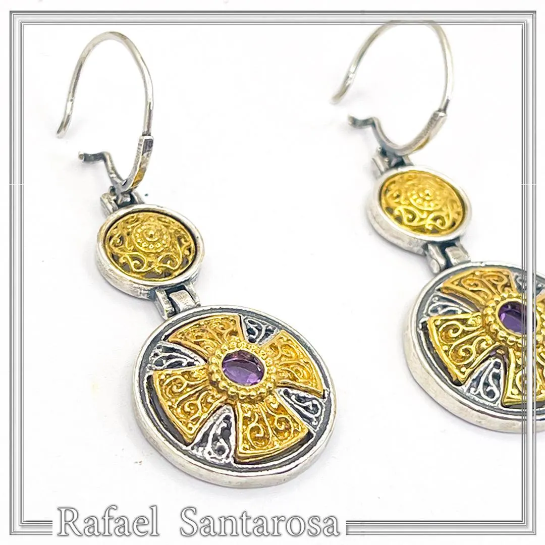 Byzantine Cross Drop Earrings Sterling Silver Oxidised and 18k Gold Filled African Amethyst — additional product image 5 from Rafael Santarosa Fine Jewelry