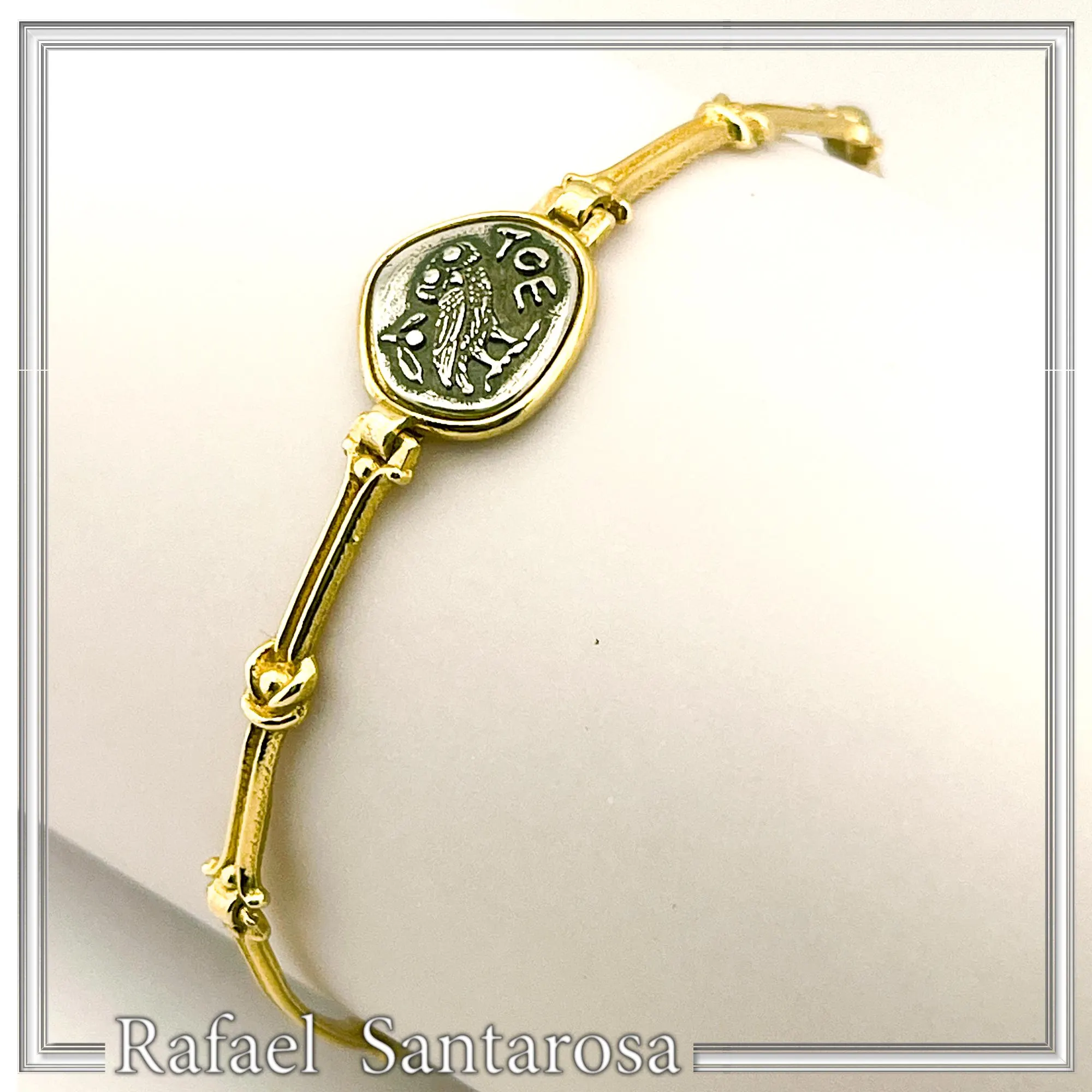 Athena Goddess Wisdom Owl Coin Bracelet: Oxidized & 18K Gold Filled Sterling Silver — additional product image 5 from Rafael Santarosa Fine Jewelry