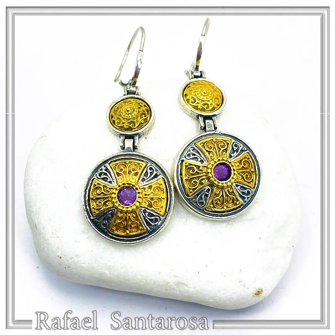 Byzantine Cross Drop Earrings Sterling Silver Oxidised and 18k Gold Filled African Amethyst — additional product image 2 from Rafael Santarosa Fine Jewelry