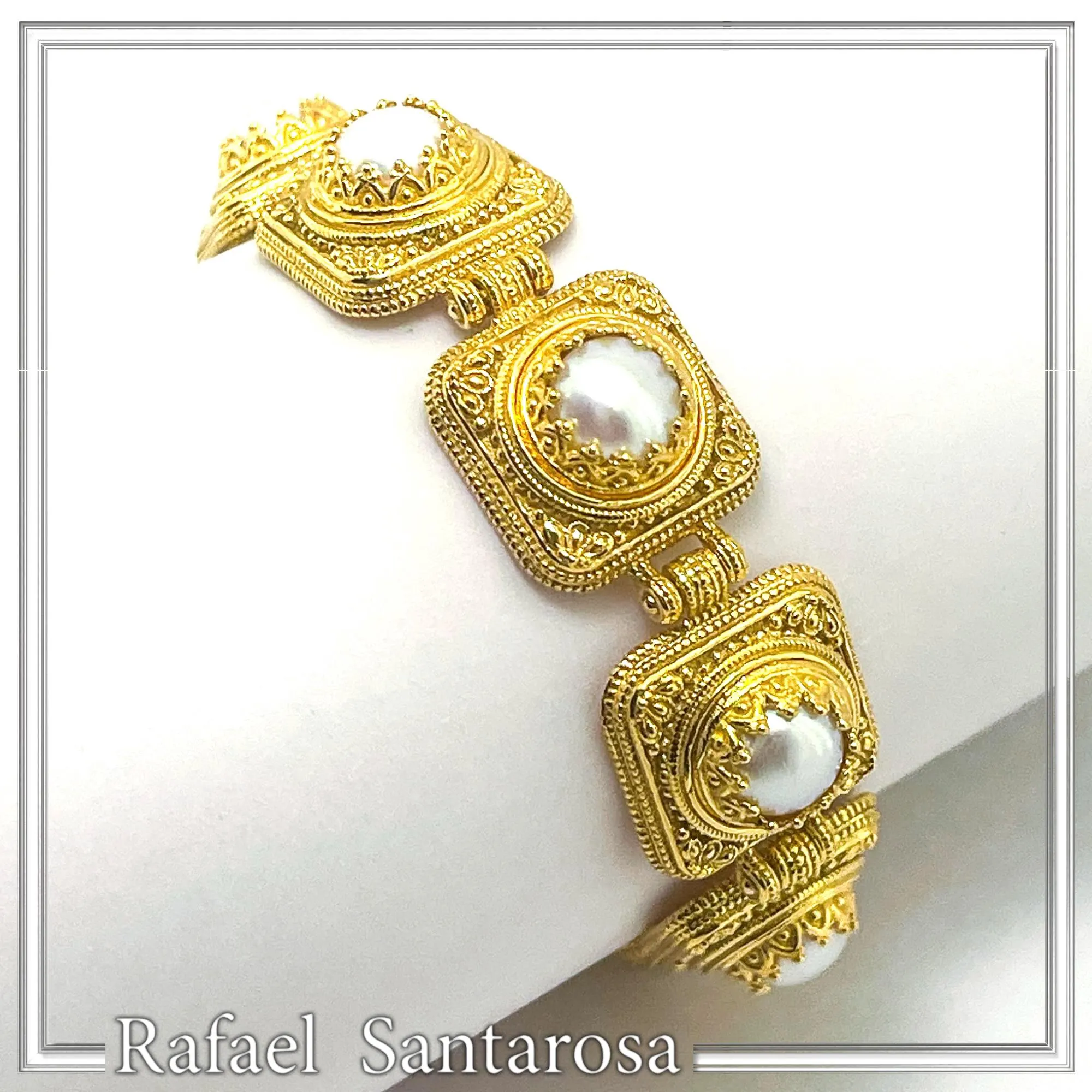 Freshwater Pearl Ancient Greek Way Filigree Beaded Bracelet: Sterling Silver 18K Gold Filled — additional product image 4 from Rafael Santarosa Fine Jewelry