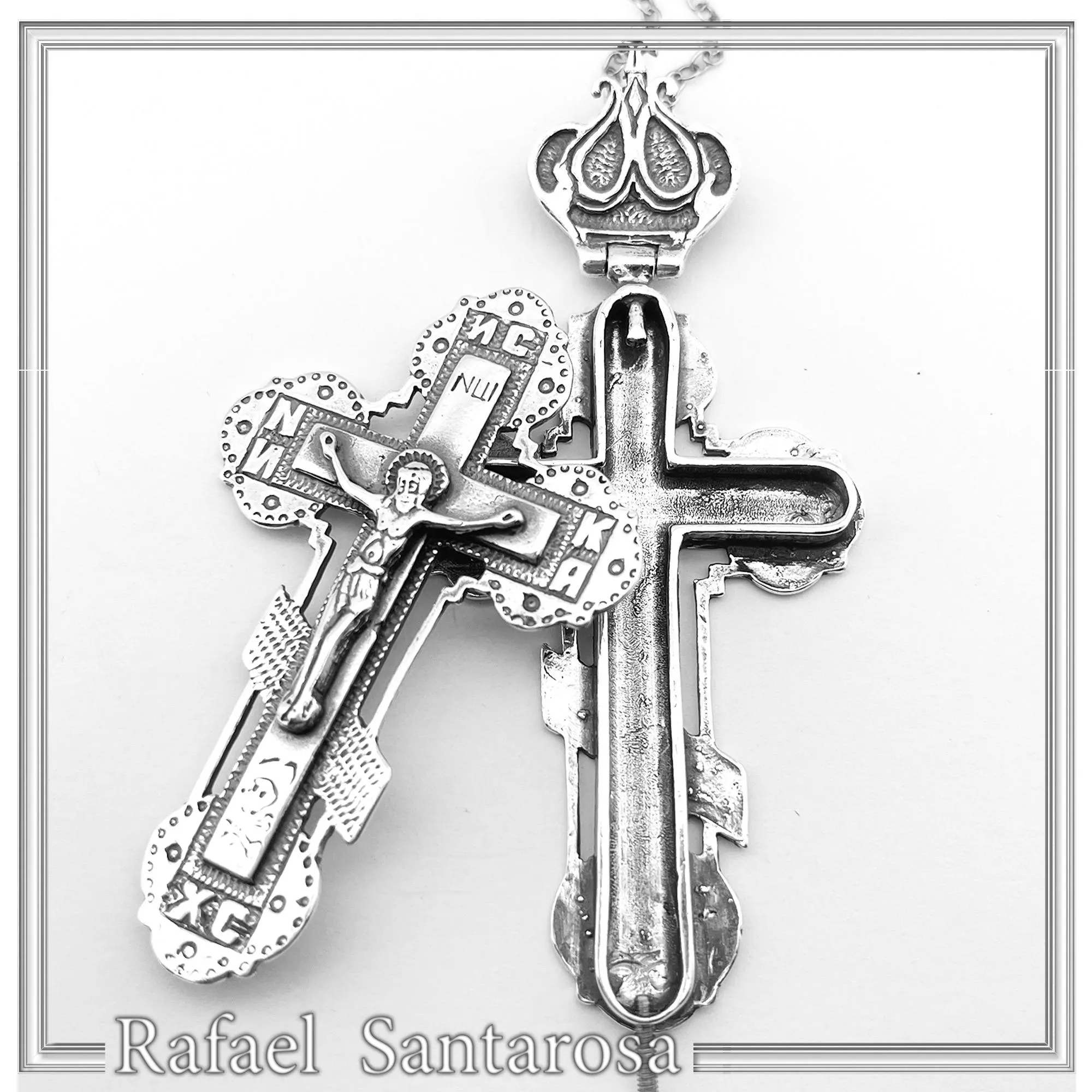 Reliquary Russian Type Cross Byzantine Cyrillic Prayer Pendant: Oxidised Sterling Silver Locket — additional product image 3 from Rafael Santarosa Fine Jewelry