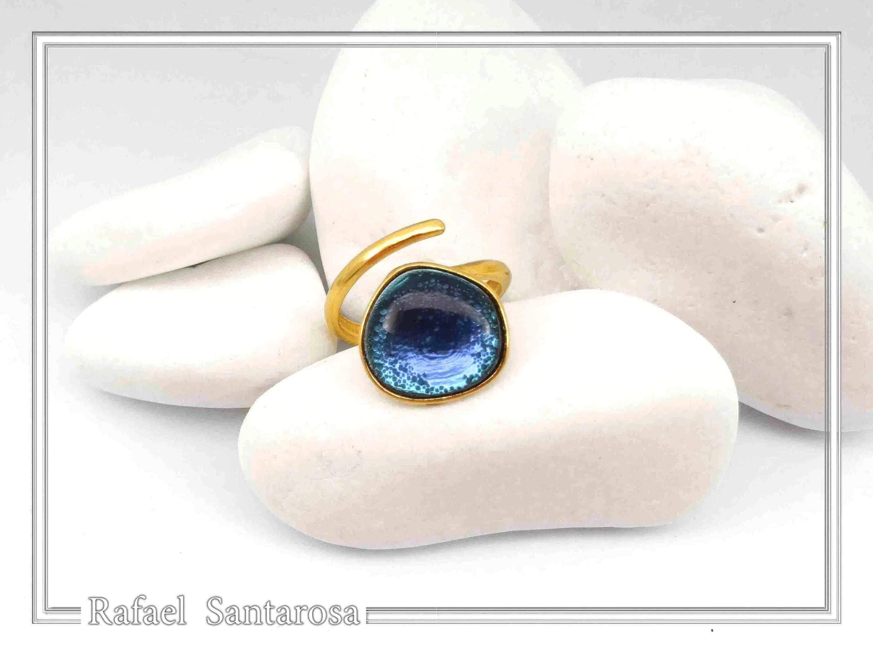 Sea Blue Transparent Enamel Adjustable Ring: Sea Rock Design Sterling Silver 18K Gold Filled — additional product image 4 from Rafael Santarosa Fine Jewelry