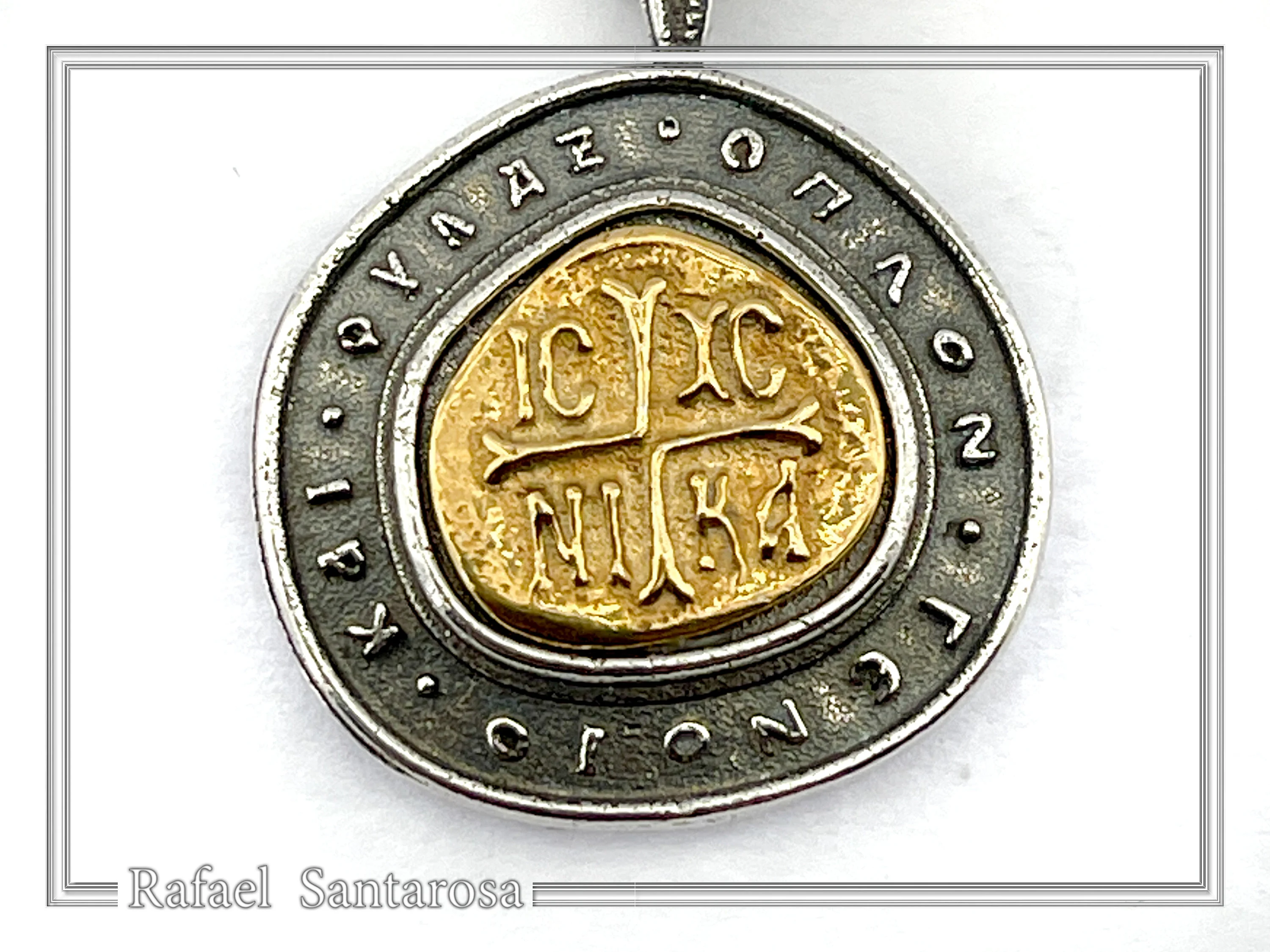 Jesus Christ Victorious Necklace: 18K Gold Christogram & Oxidized Sterling Silver. ICXC NIKA Orthodox Prayer. — additional product image 4 from Rafael Santarosa Fine Jewelry