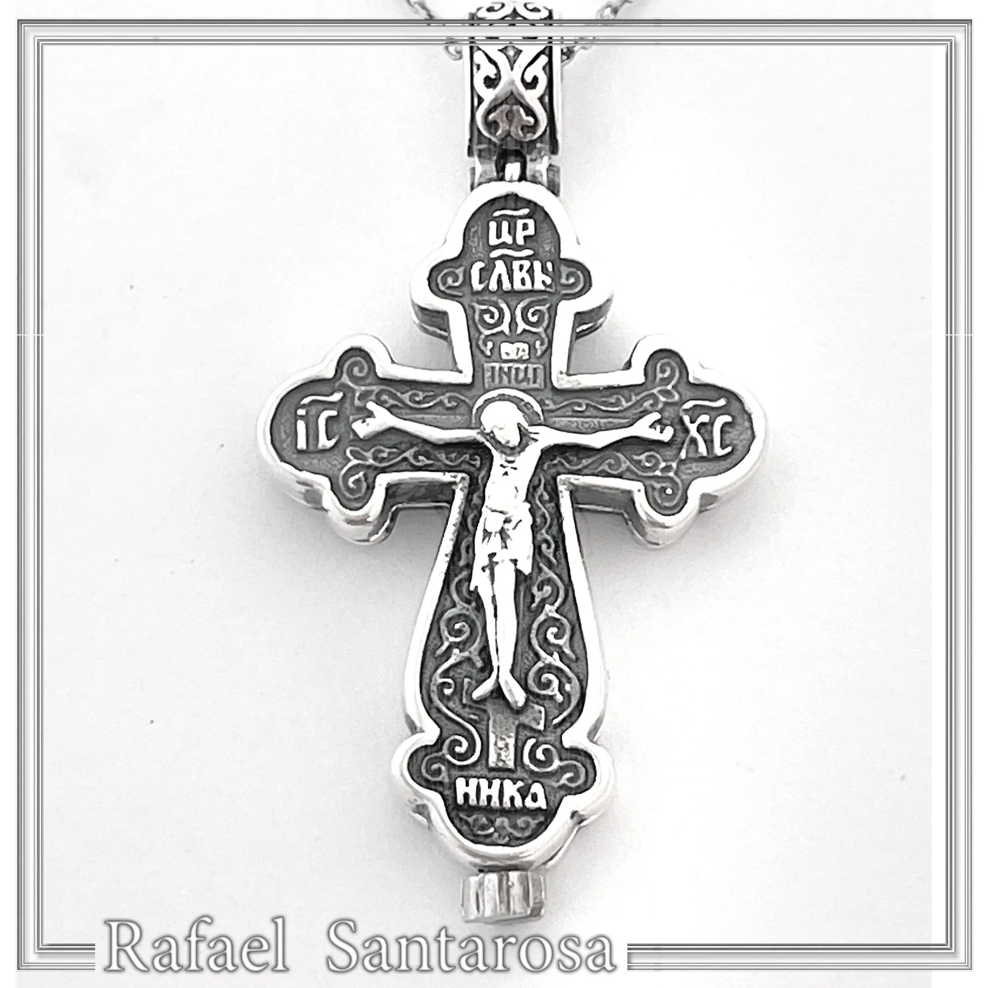 Byzantine Cyrillic Prayer Cross Locket Necklace: Russian Type Sterling Silver Reliquary Cross Pendant — additional product image 5 from Rafael Santarosa Fine Jewelry