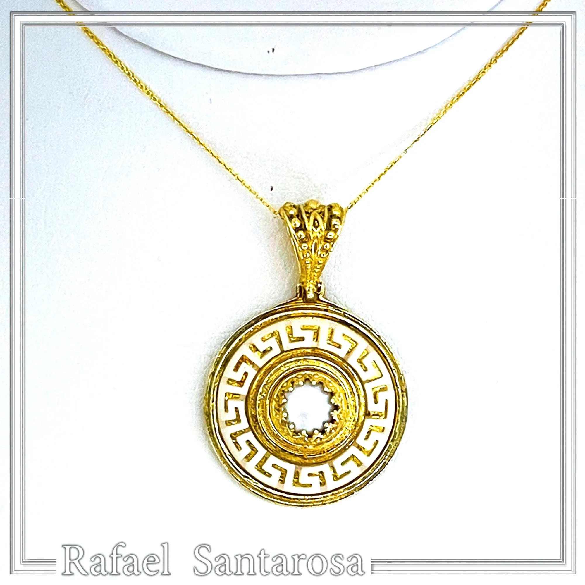 Greek Key Maiandros Sculptured on Marble Necklace: Sterling Silver 18K Gold Filled, Natural Pearl — additional product image 3 from Rafael Santarosa Fine Jewelry