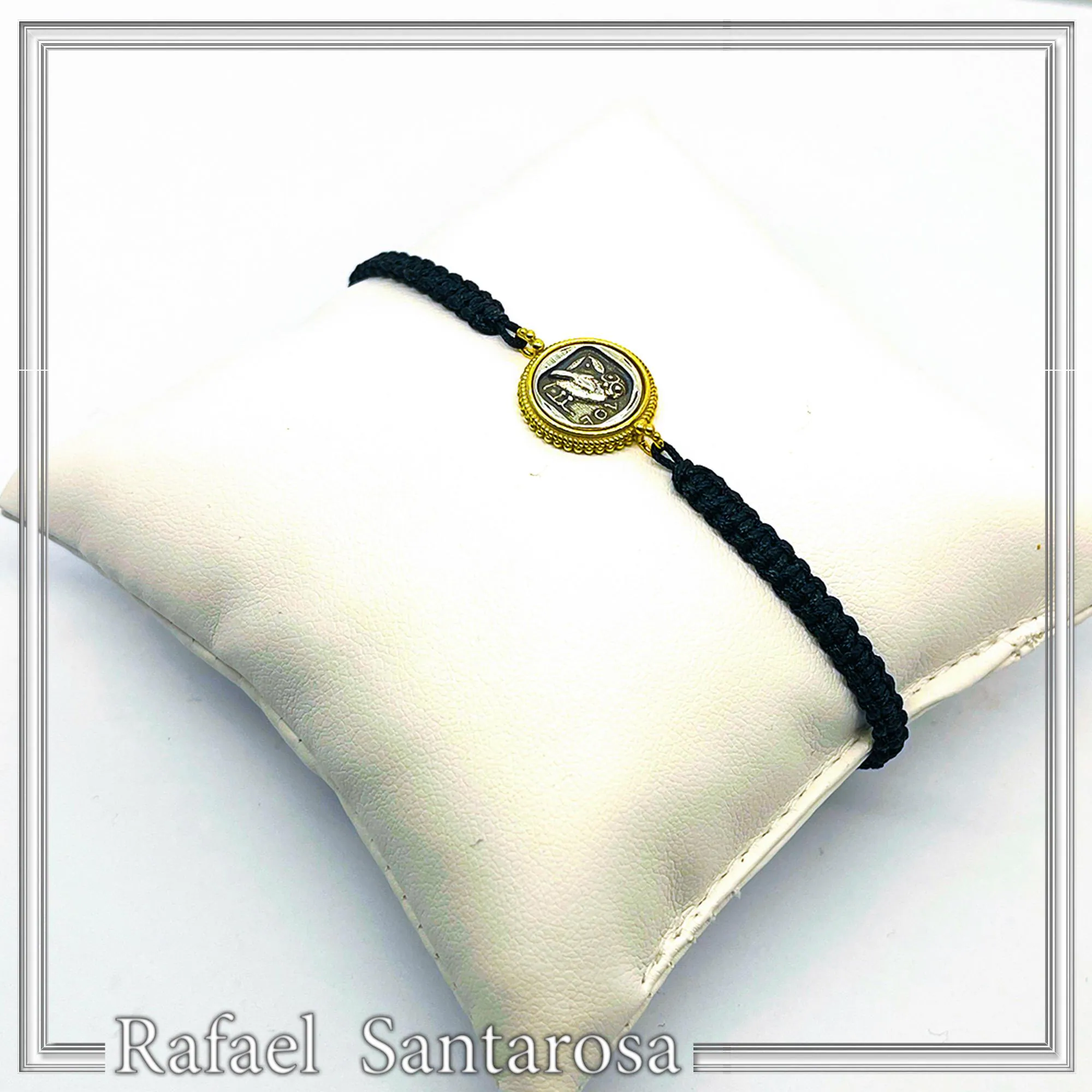 Owl Coin Bracelet Macrame Cord 18K Gold Filigree Base, Oxidized Sterling Silver Tetradrachm coin — additional product image 5 from Rafael Santarosa Fine Jewelry