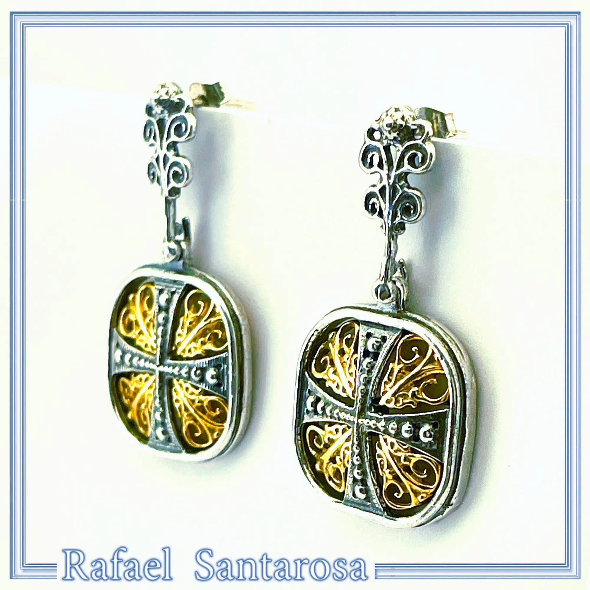 Byzantine Empire Orthodox Cross Earrings: Sterling Silver Oxidized & 18K Gold-Filled Filigree — additional product image 2 from Rafael Santarosa Fine Jewelry