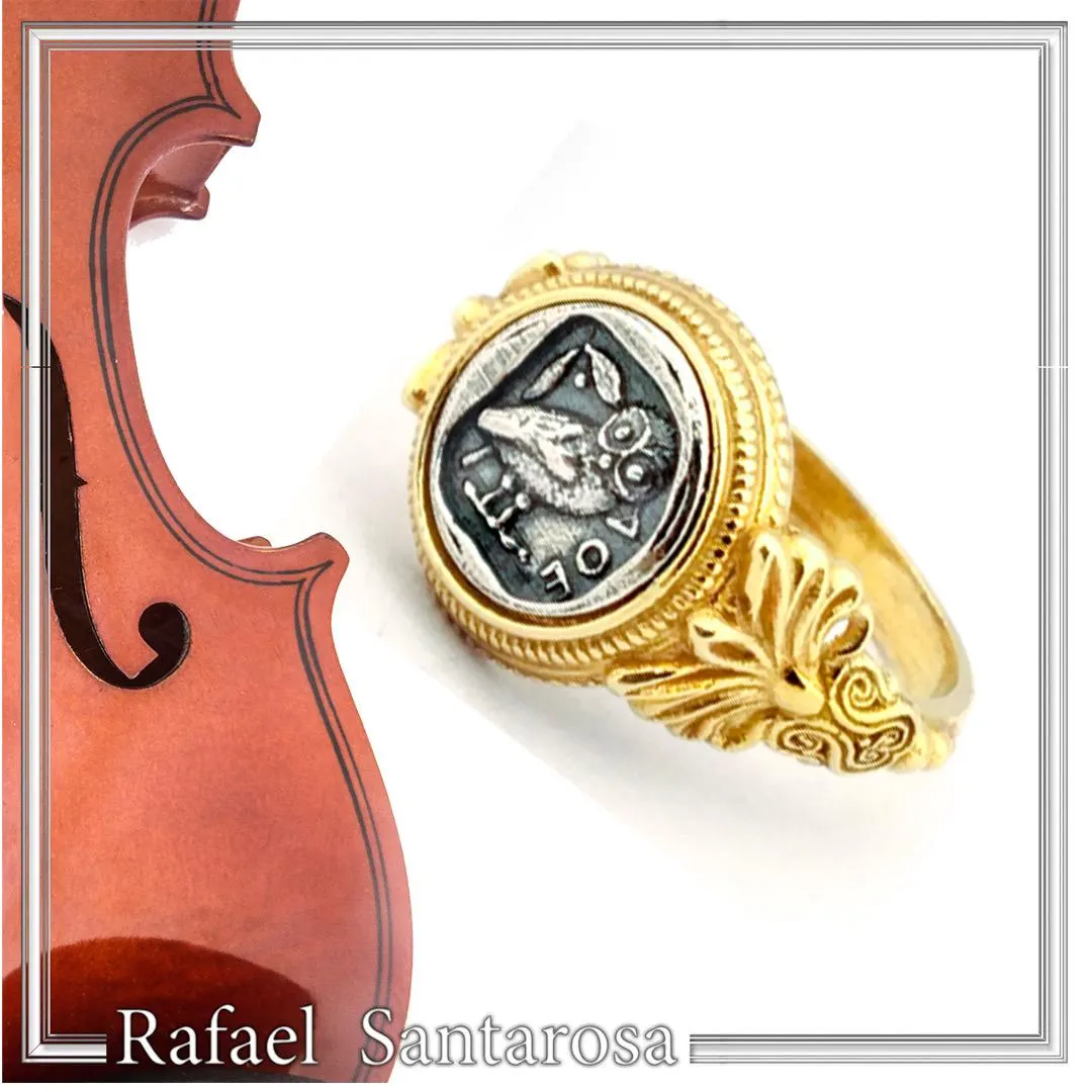 Tetradrachm Athena Owl Replica Greek Coin Ring, Antefix Filigree decoration: Sterling Silver oxidized & Gold-Filled — additional product image 9 from Rafael Santarosa Fine Jewelry