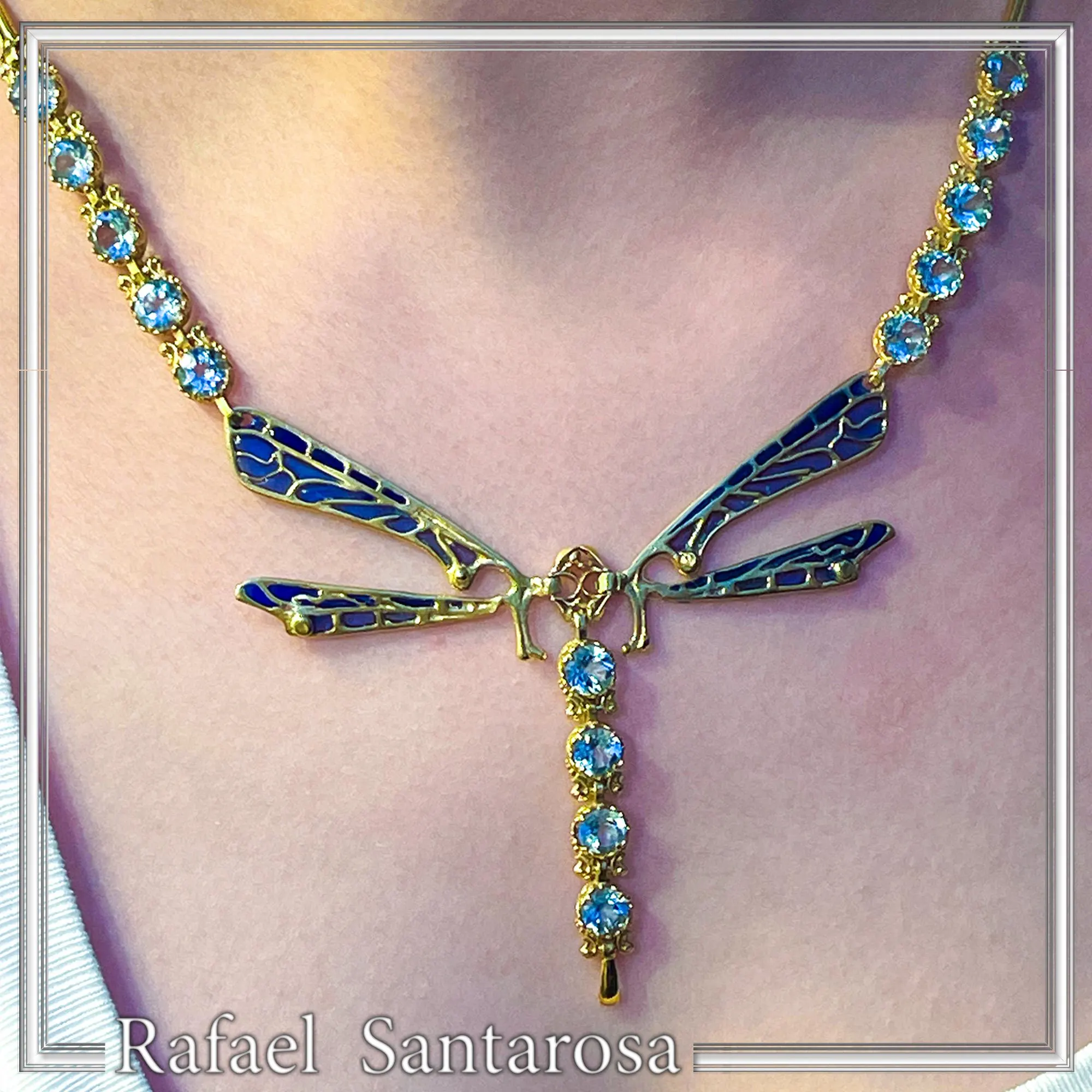 Art Nouveau Dragonfly Necklace Sterling Silver Gold Filled Blue Enamel Sky Blue Topaz — additional product image 9 from Rafael Santarosa Fine Jewelry