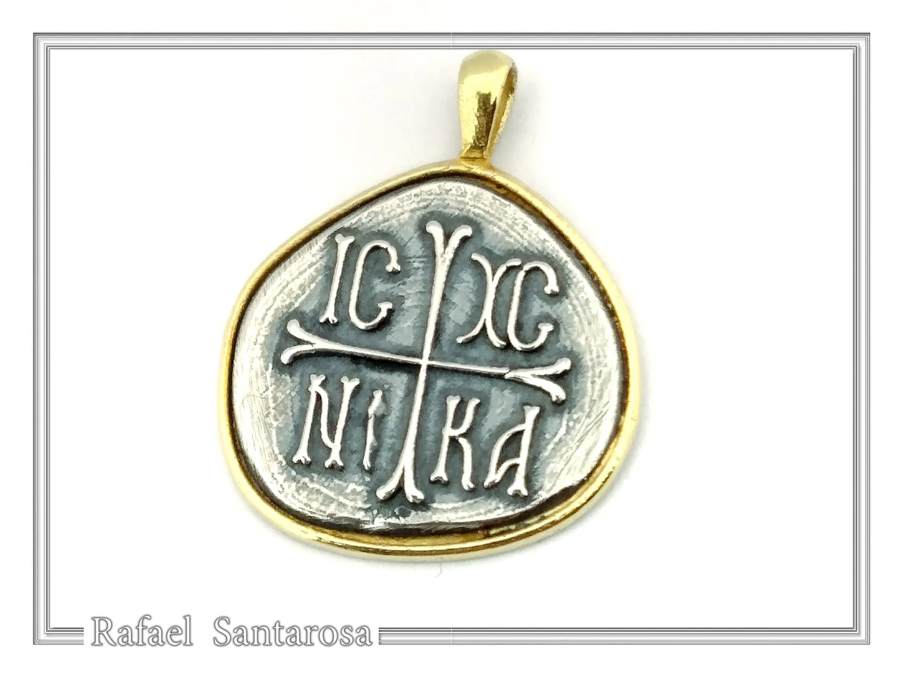 Protection Cross Pendant ICXC NIKA: Oxidized Silver Constantinato Coin on 18k Solid Gold Charm — additional product image 7 from Rafael Santarosa Fine Jewelry