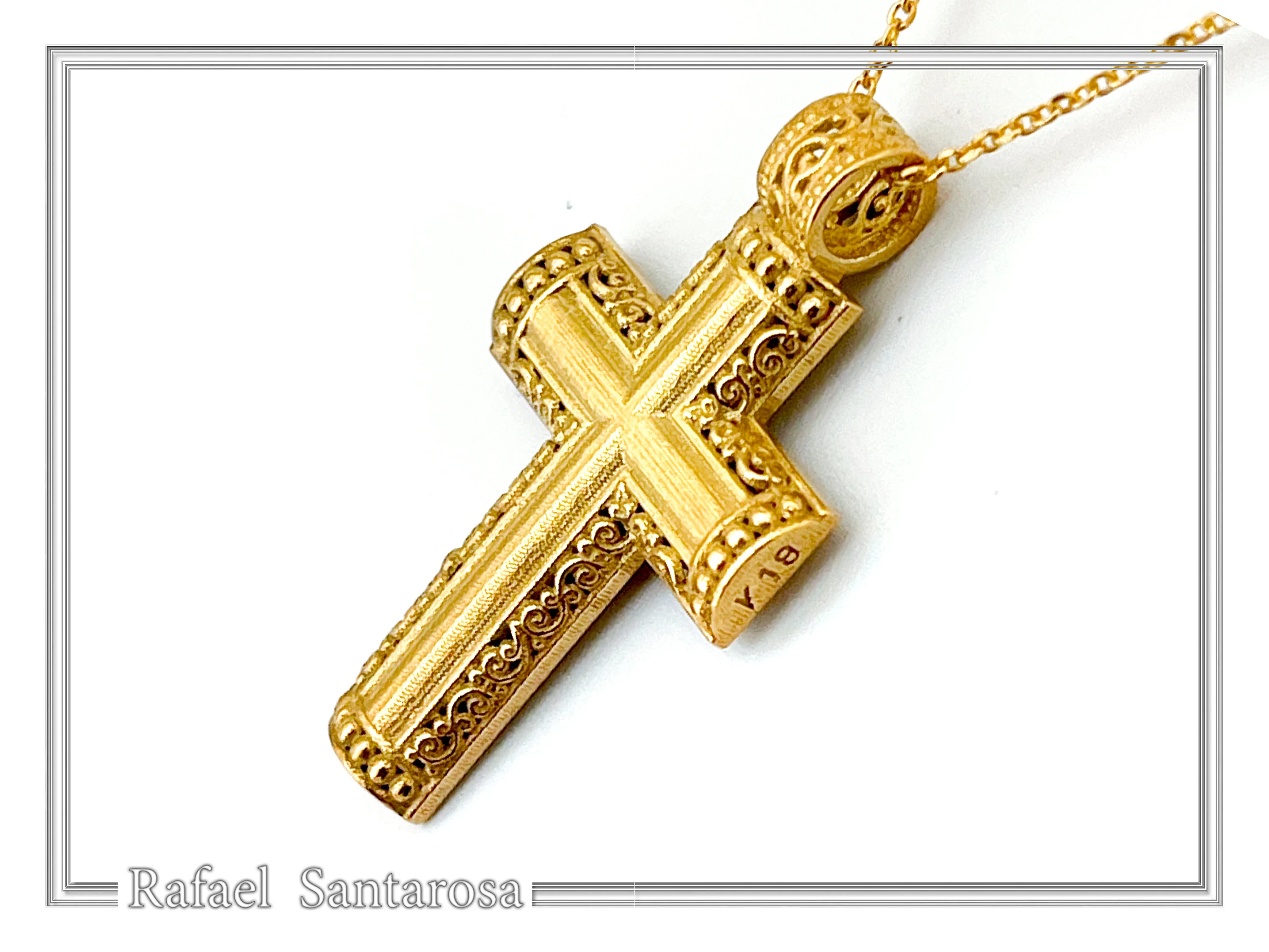 Byzantine Filigree Orthodox Christian Religious Baptism Cross Pendant 18K Solid Gold Cross — additional product image 9 from Rafael Santarosa Fine Jewelry