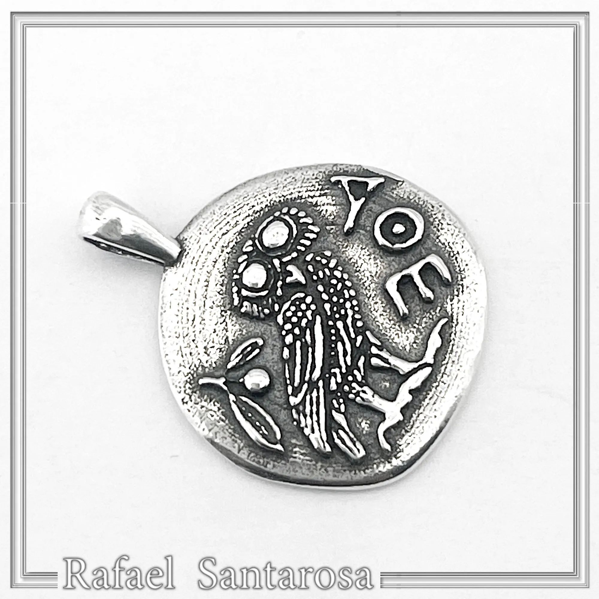 Greek Owl Coin Tetradrachm museum Replica Pendant: Oxidized Sterling Silver — additional product image 3 from Rafael Santarosa Fine Jewelry