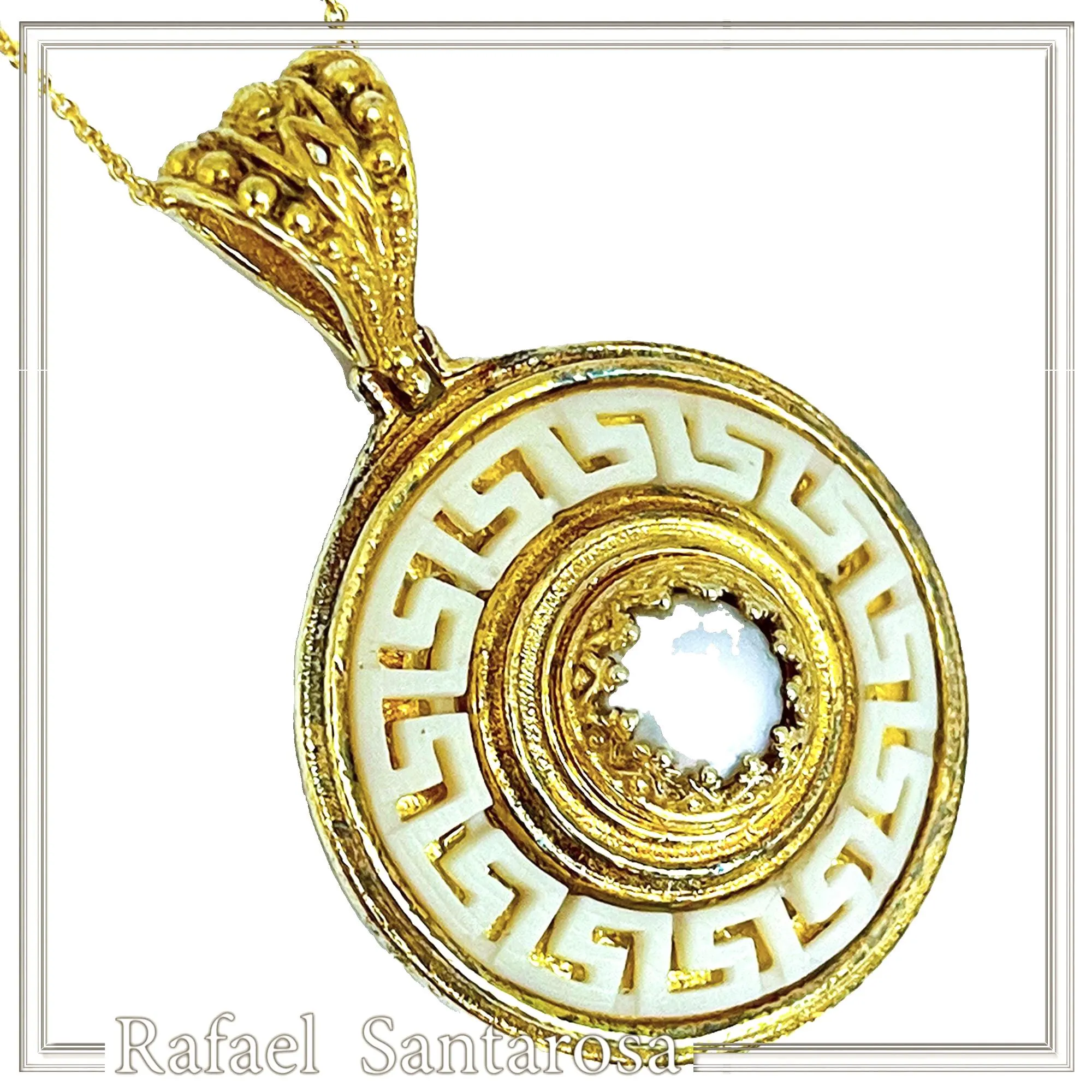 Greek Key Maiandros Sculptured on Marble Necklace: Sterling Silver 18K Gold Filled, Natural Pearl — additional product image 4 from Rafael Santarosa Fine Jewelry