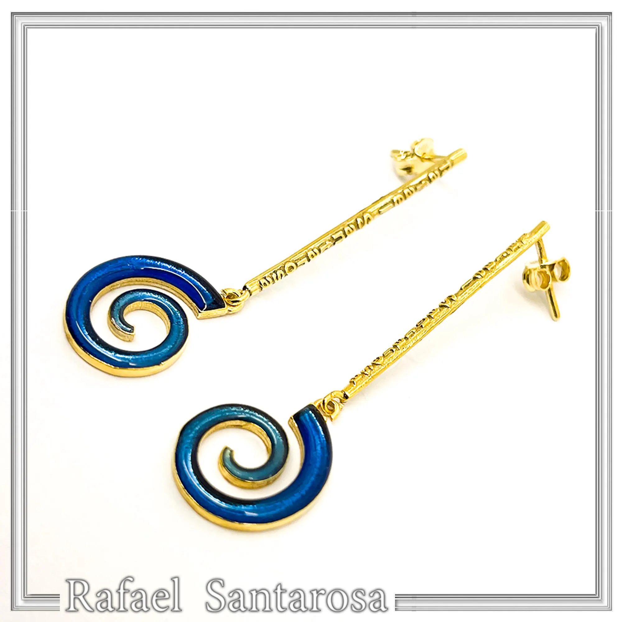 Blue Enamel Boho Spiral Symbol of Galaxy Drop Earrings: Sterling Silver Gold-Filled dangle Earrings — additional product image 3 from Rafael Santarosa Fine Jewelry