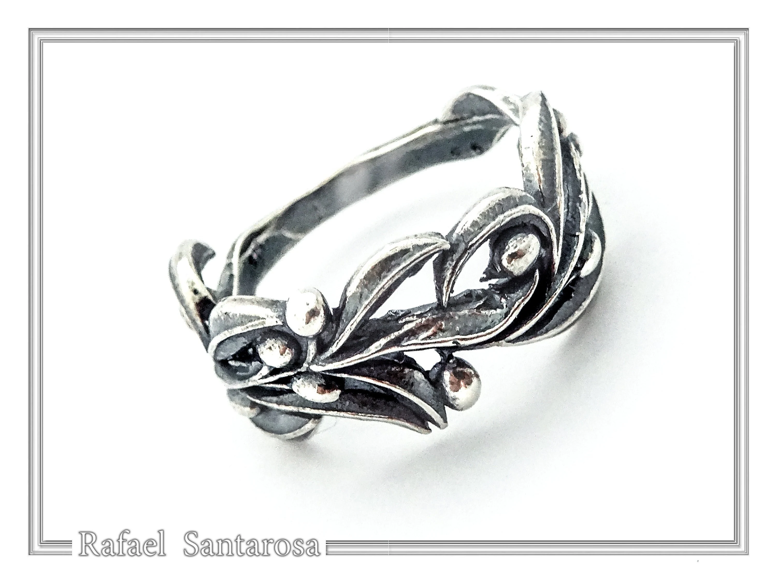 Olive Branch Band Ring, Greek Mythology Floral Jewelry: Oxidized Sterling Silver — additional product image 4 from Rafael Santarosa Fine Jewelry