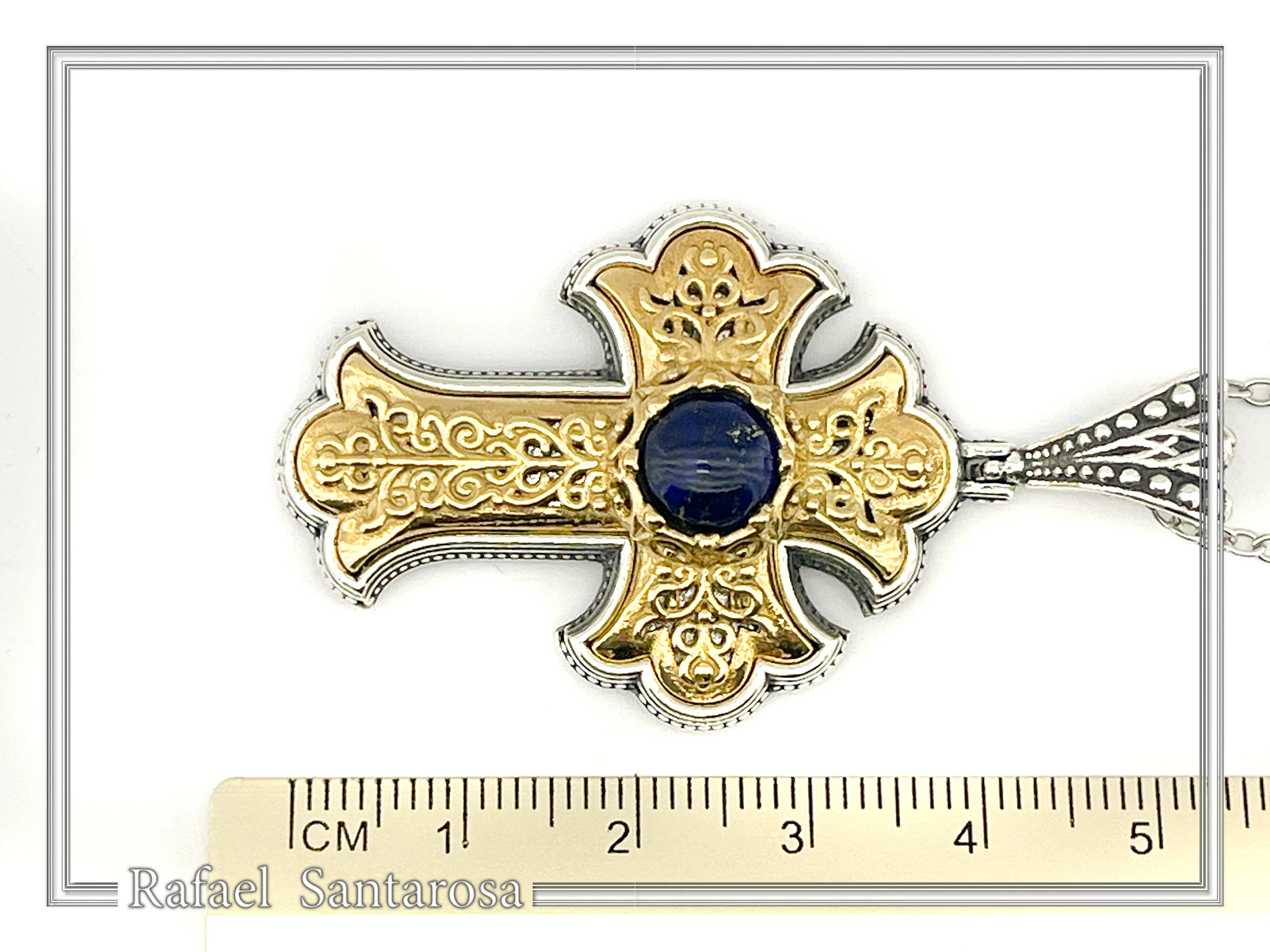 Natural Lapis Lazuli Imperial Byzantine Big Size Cross Necklace: Oxidized & 18K Gold Filled Silver — additional product image 7 from Rafael Santarosa Fine Jewelry
