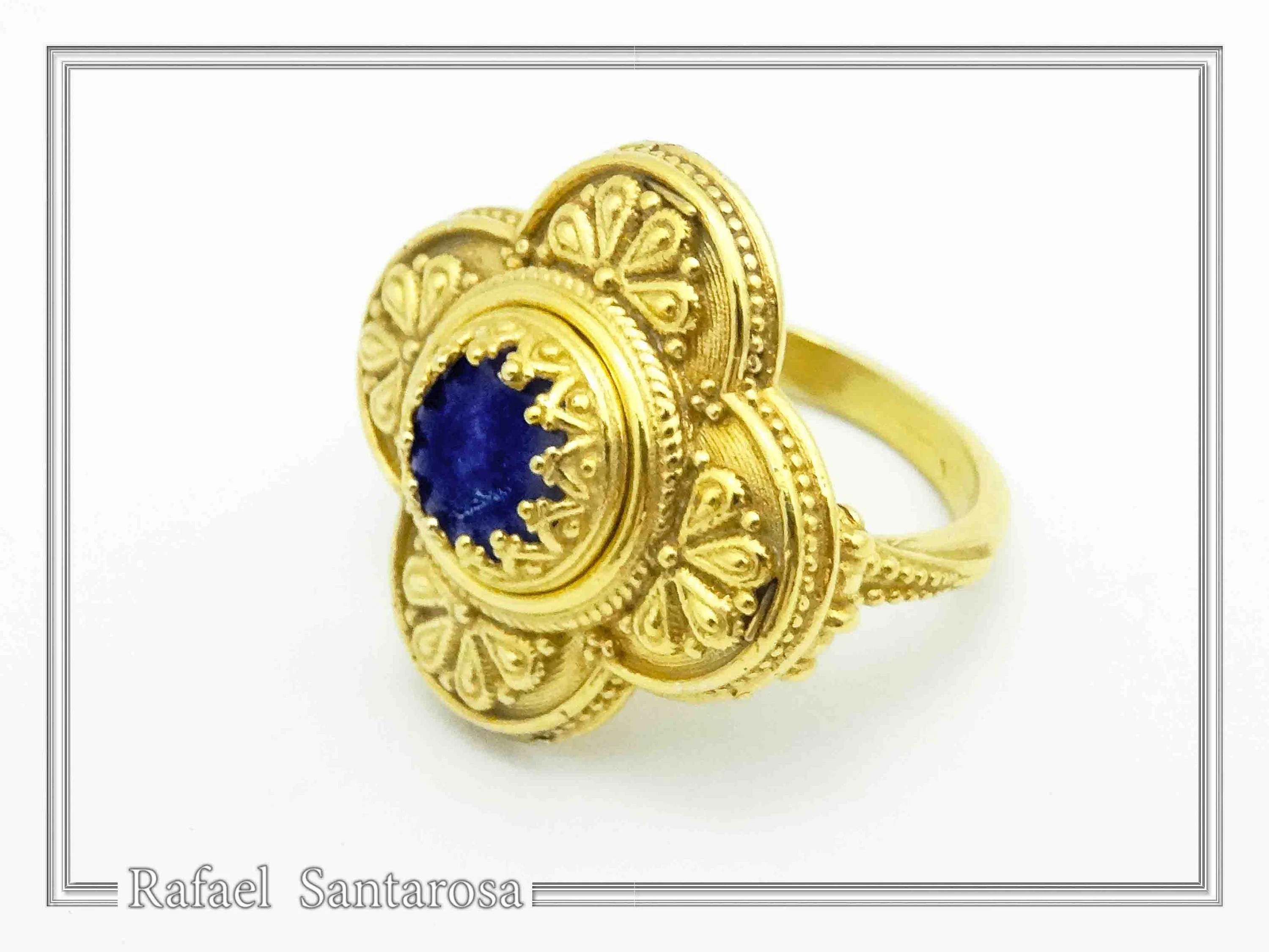 Byzantine Christian Cross Genuine Lapis Lazuli Ring: 18K Gold Filled Sterling Silver Filigree — additional product image 2 from Rafael Santarosa Fine Jewelry