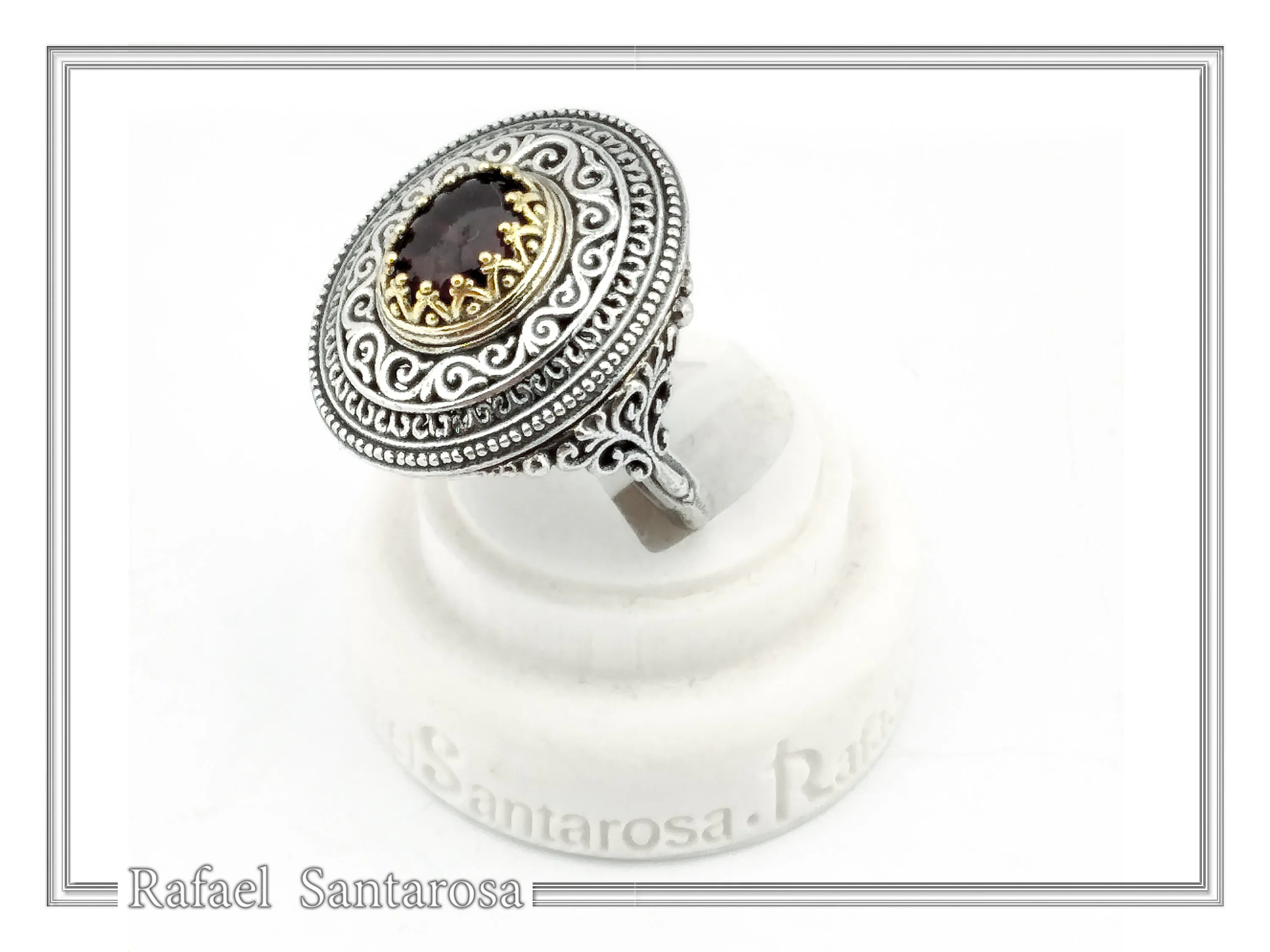 Dark Red Genuine Garnet Byzantine Style Ring: Oxidized Sterling Silver & 18K Gold Filled Bezel — additional product image 4 from Rafael Santarosa Fine Jewelry