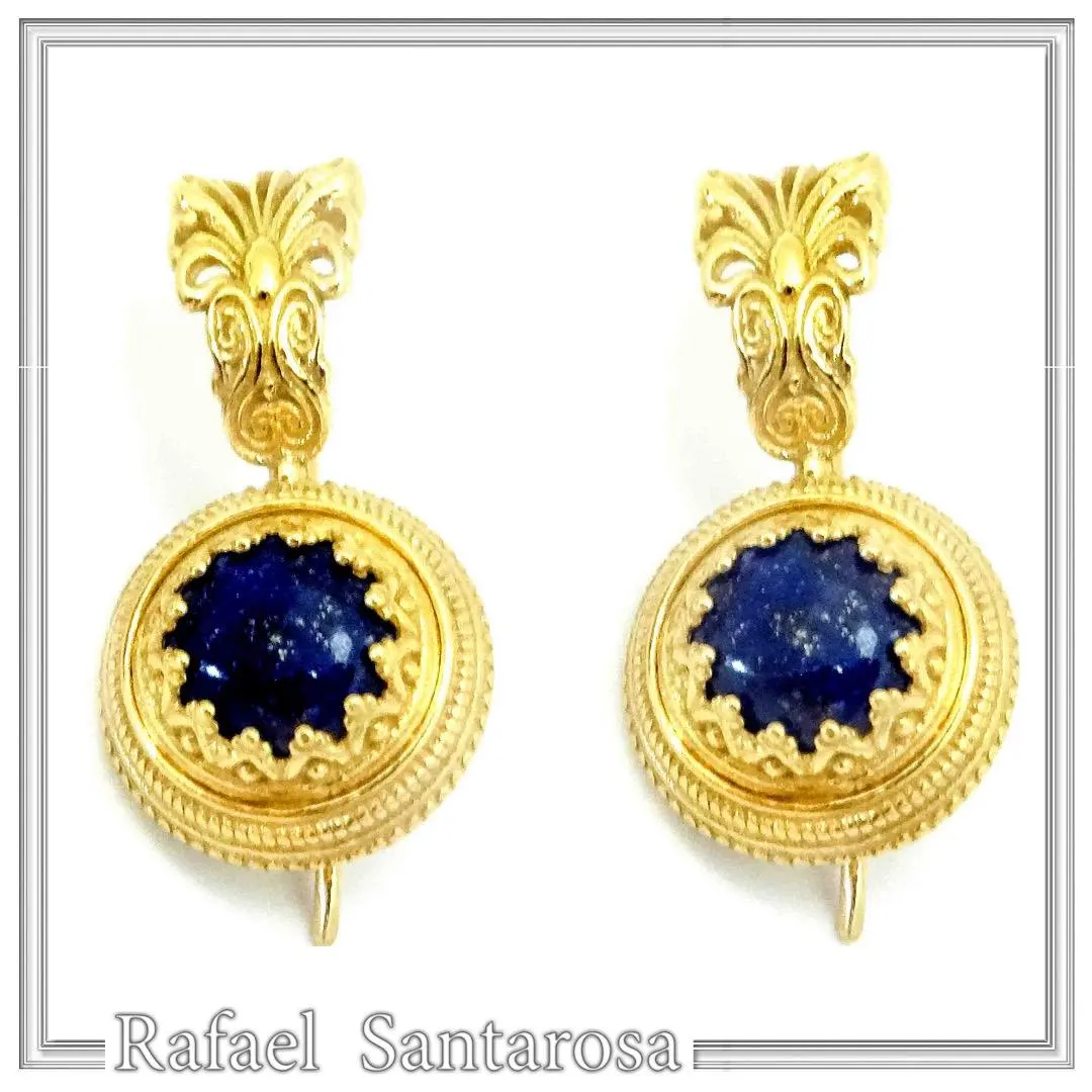 Natural Lapis Lazuli Ancient Greek Antefix Earrings: Sterling Silver Gold-Filled Filigree,