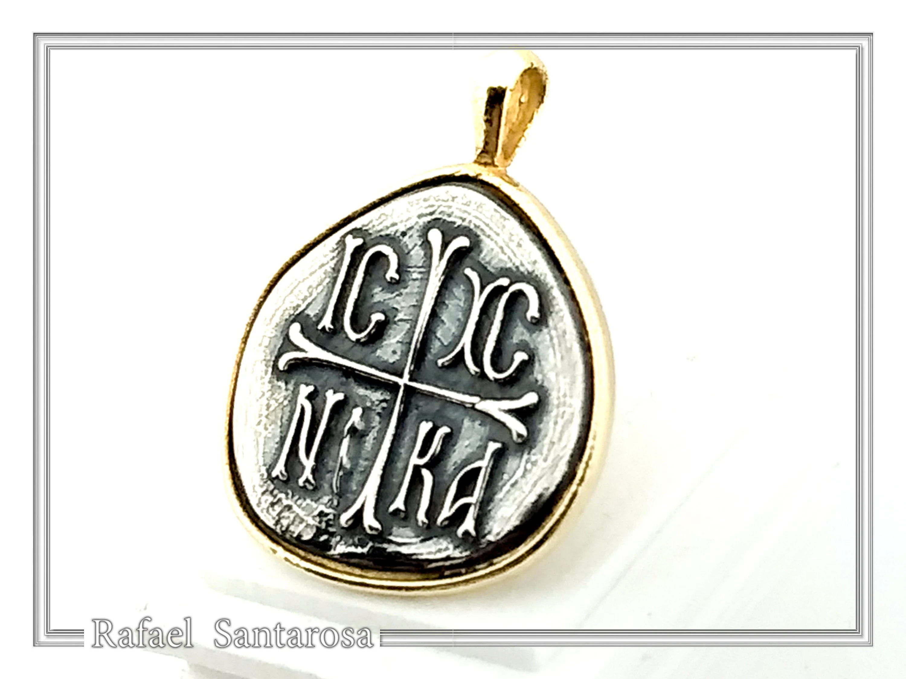 Protection Cross Pendant ICXC NIKA: Oxidized Silver Constantinato Coin on 18k Solid Gold Charm — additional product image 5 from Rafael Santarosa Fine Jewelry