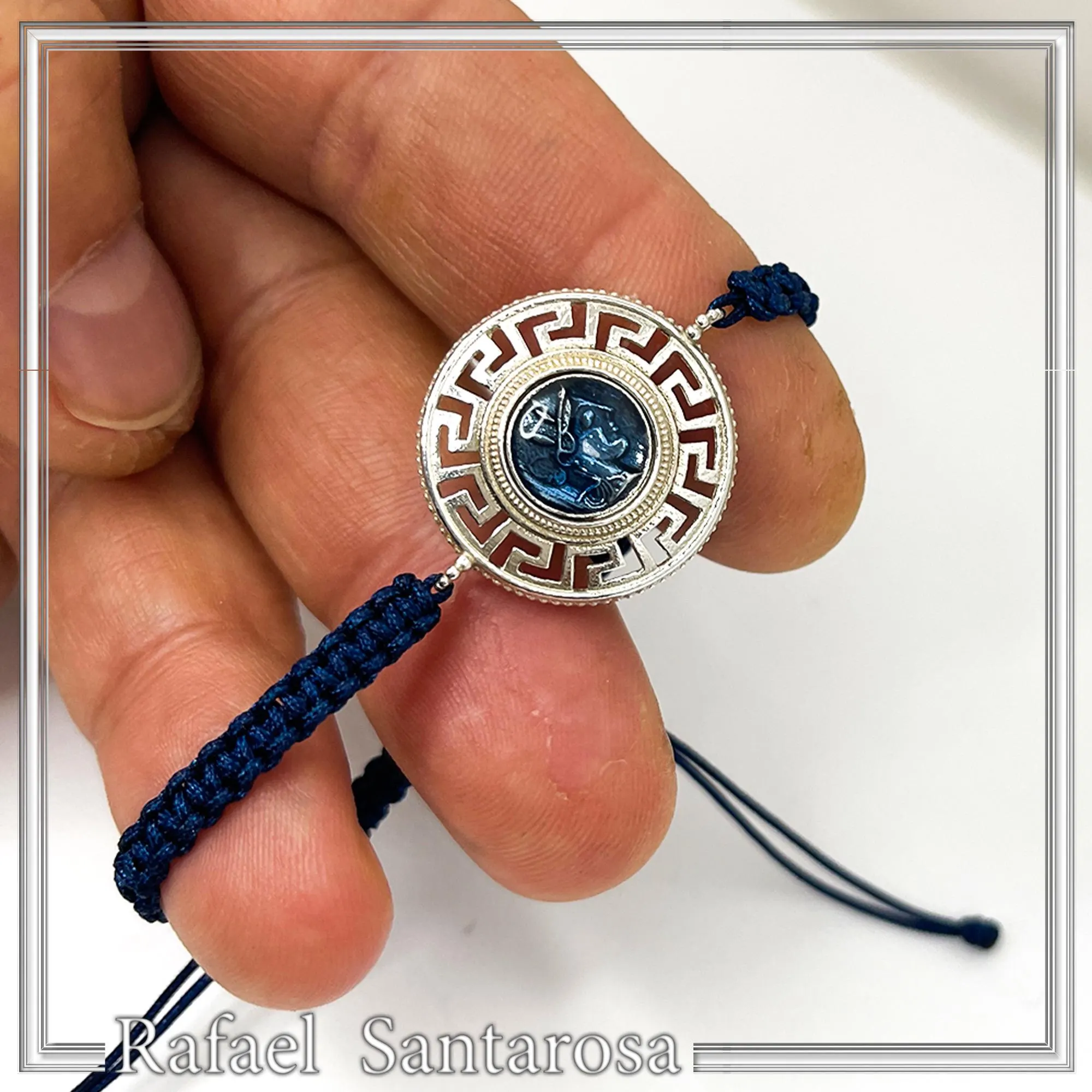 Sterling Silver Athena Promachos Bracelet Greek Key Tetradrachm Sky Blue Enamel Macrame Cord Viscose — additional product image 5 from Rafael Santarosa Fine Jewelry