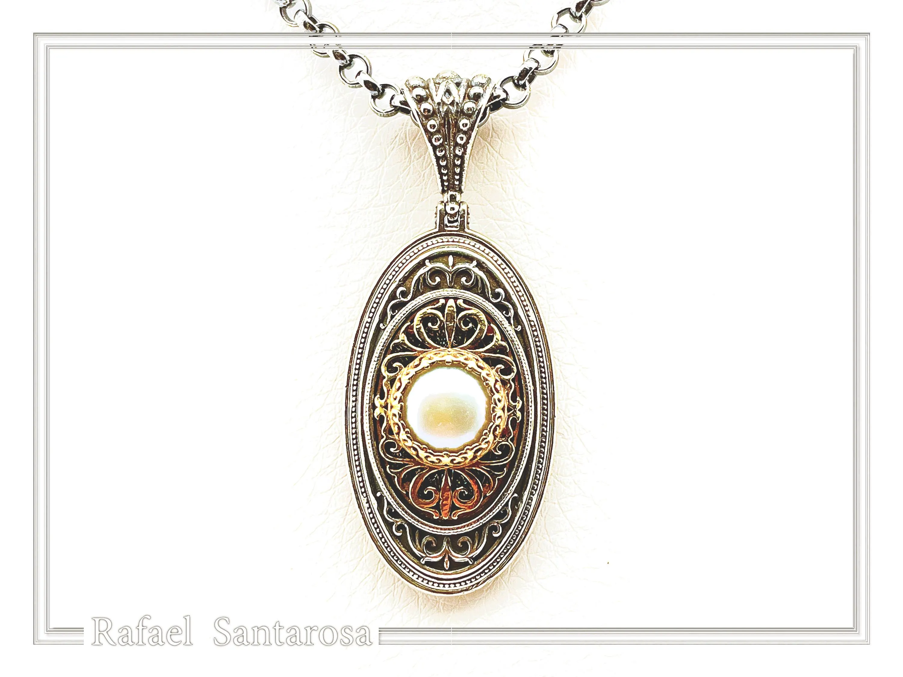 Natural Pearl on Byzantine Ornaments Pendant: Oxidized Sterling Silver and 18 Karat Gold Filled — additional product image 5 from Rafael Santarosa Fine Jewelry