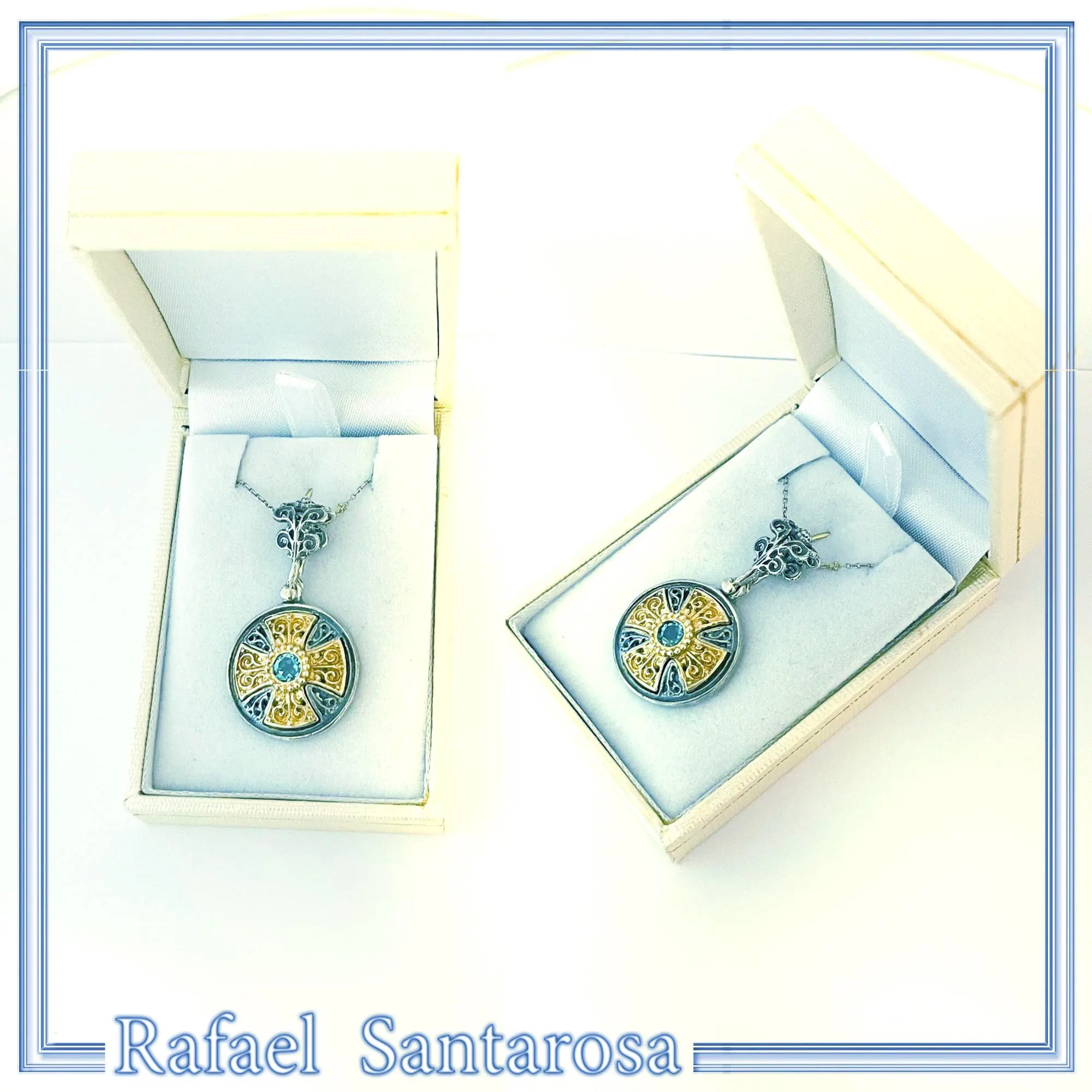 Natural Sky-Blue Topaz Cross Pendant: Sterling Silver 18K Gold Filled Byzantine Filigree — additional product image 9 from Rafael Santarosa Fine Jewelry