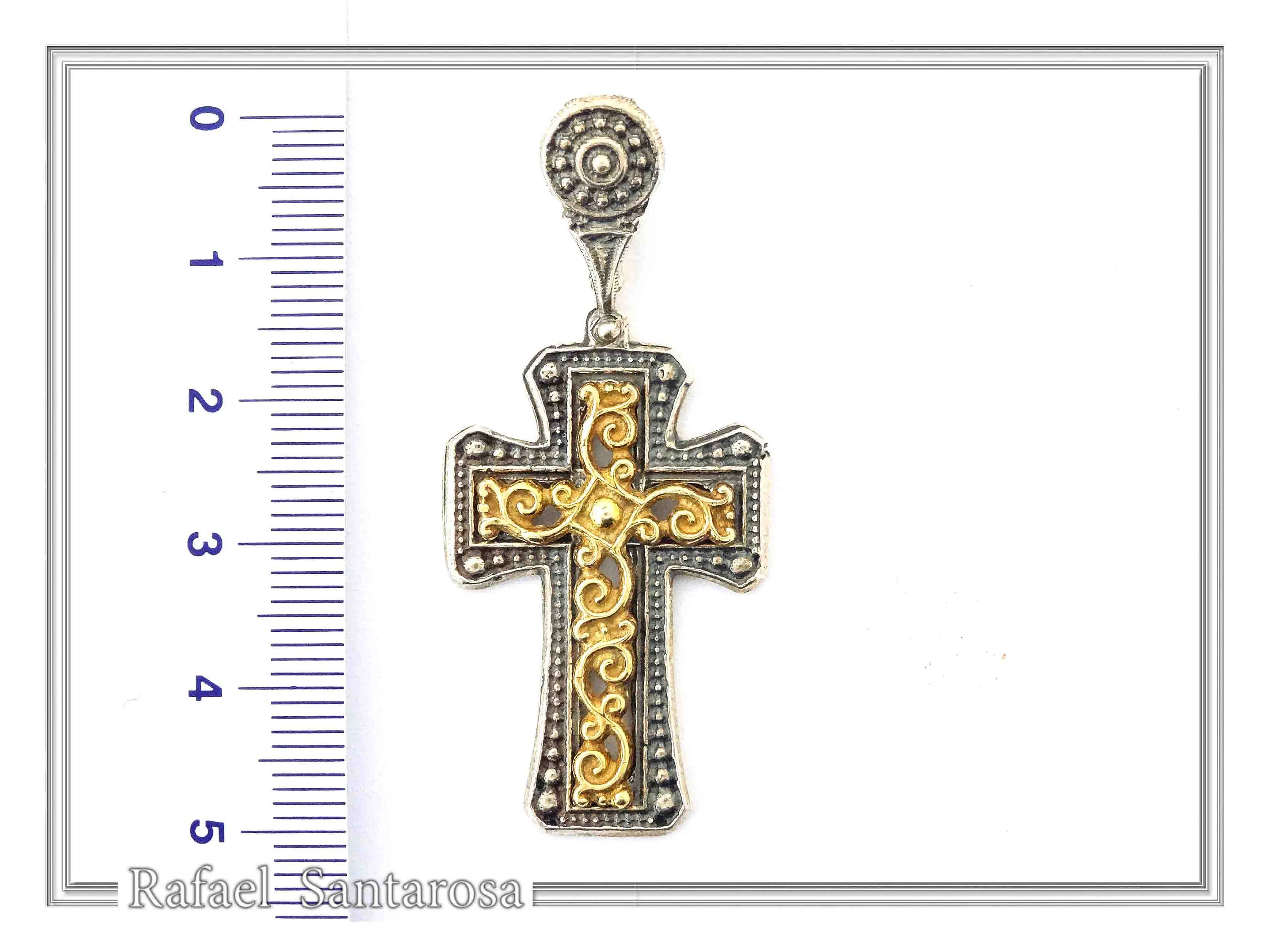 Byzantine Cross Necklace: 18k Gold Filled Filigree Silver Decoration on Oxidized Sterling Silver base — additional product image 8 from Rafael Santarosa Fine Jewelry