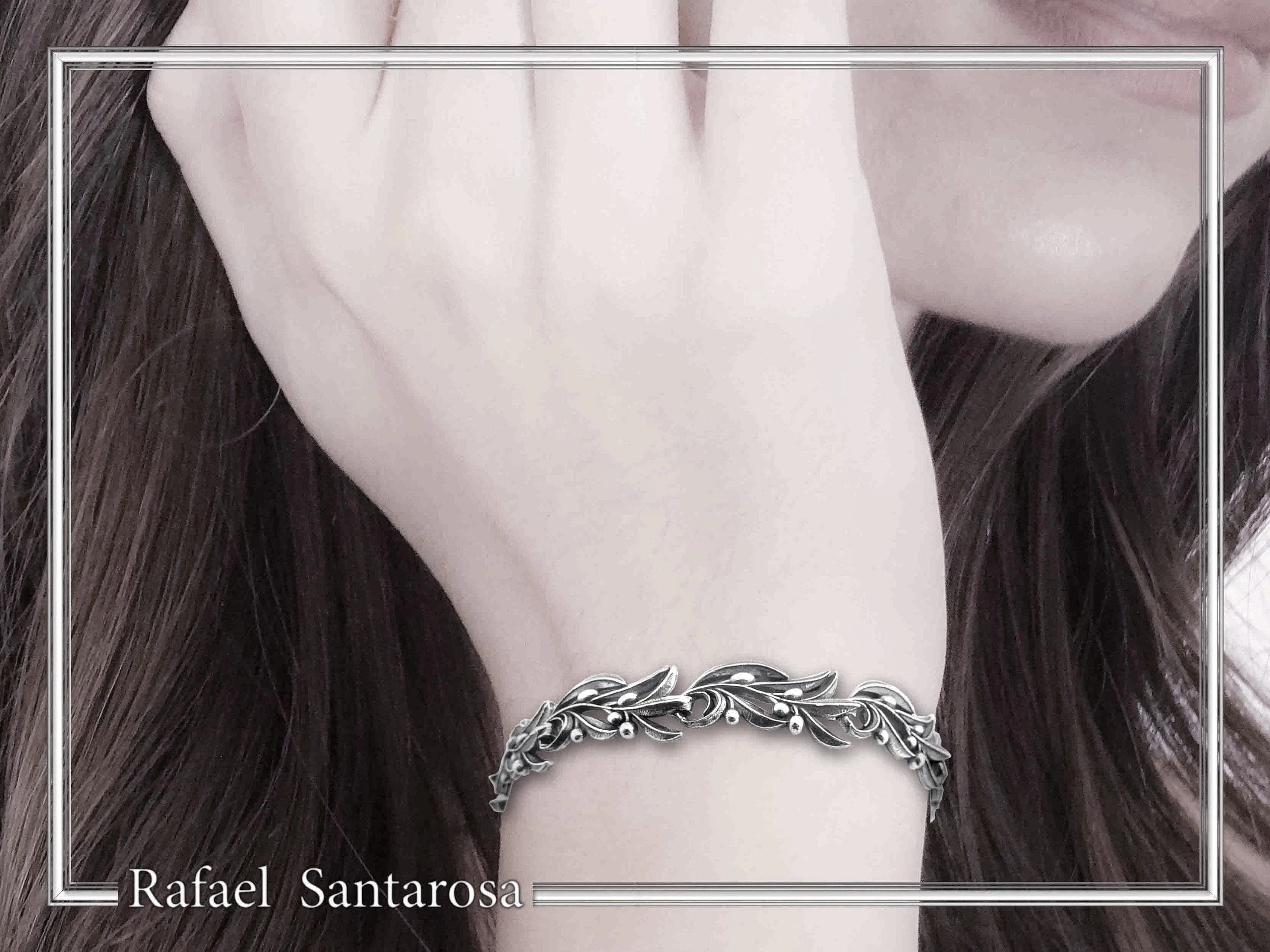 Olive Leaf Branch Beaded Bracelet Peace Symbol: Oxidized Sterling Silver Handmade Greek Jewelry — additional product image 4 from Rafael Santarosa Fine Jewelry