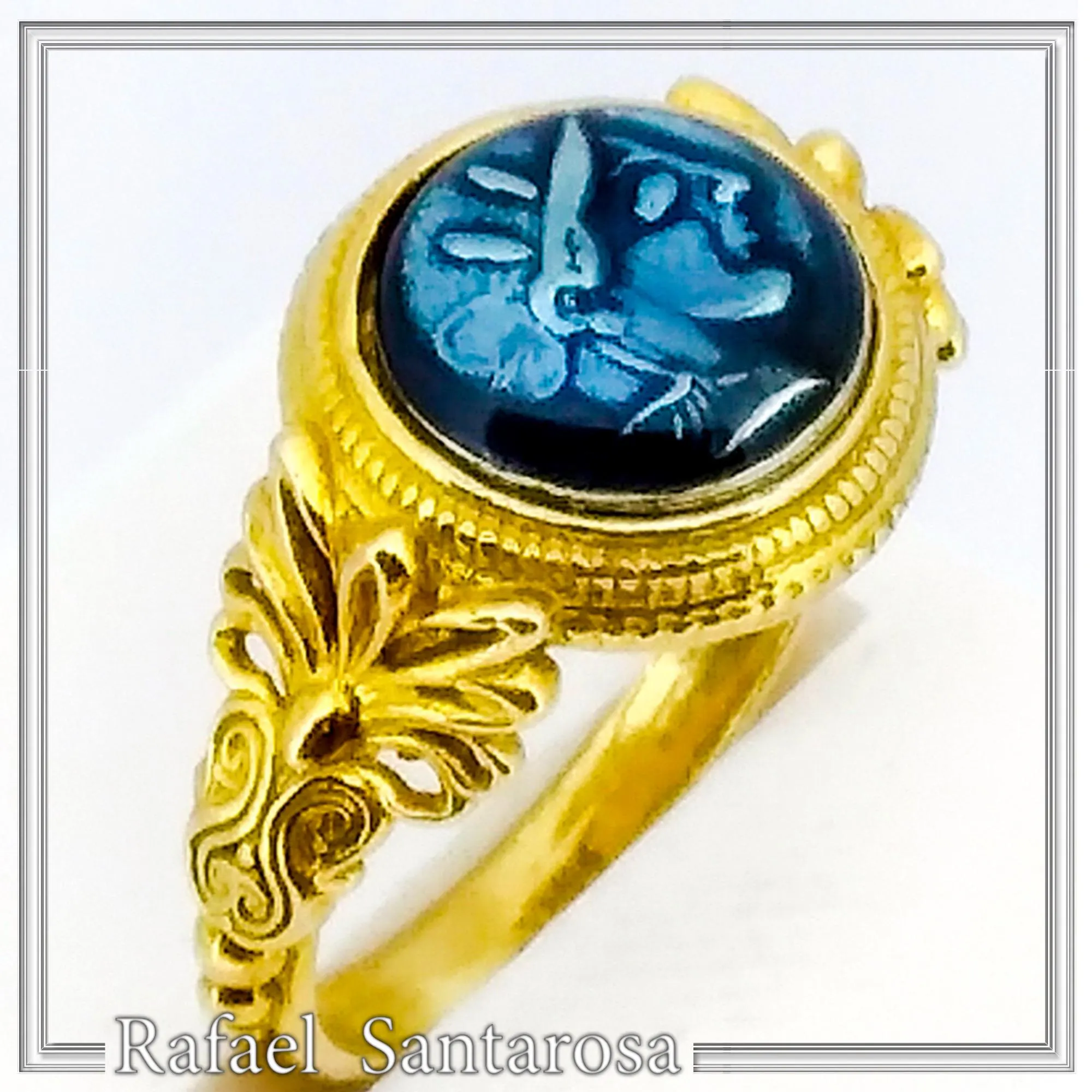 Athena Greek Goddess Head Coin Ring with Antefix Ornaments: Blue Enamel, 18K Gold-Filled Silver