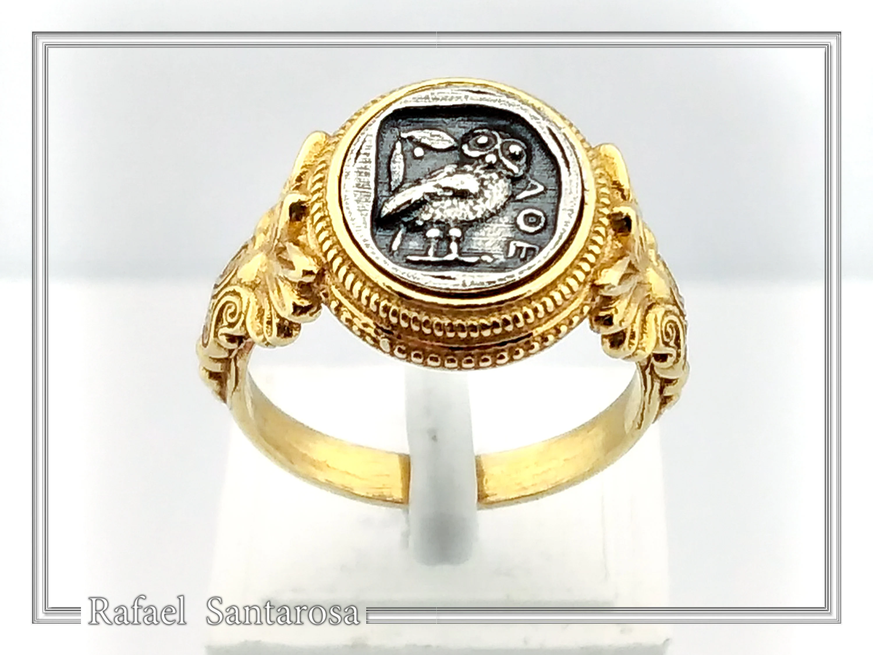 Tetradrachm Athena Owl Replica Greek Coin Ring, Antefix Filigree decoration: Sterling Silver oxidized & Gold-Filled — additional product image 2 from Rafael Santarosa Fine Jewelry