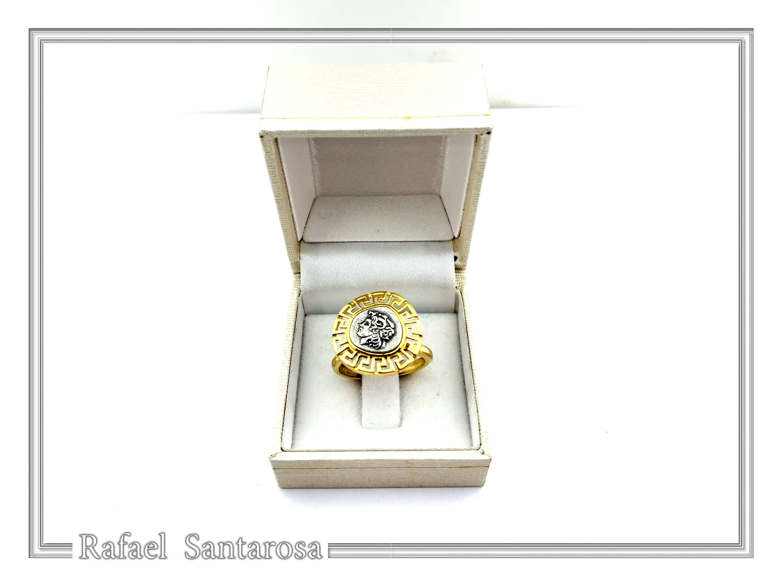 Alexander the Greek coin adjustable ring oxidized, and 18K gold filled sterling silver Greek Key — additional product image 9 from Rafael Santarosa Fine Jewelry