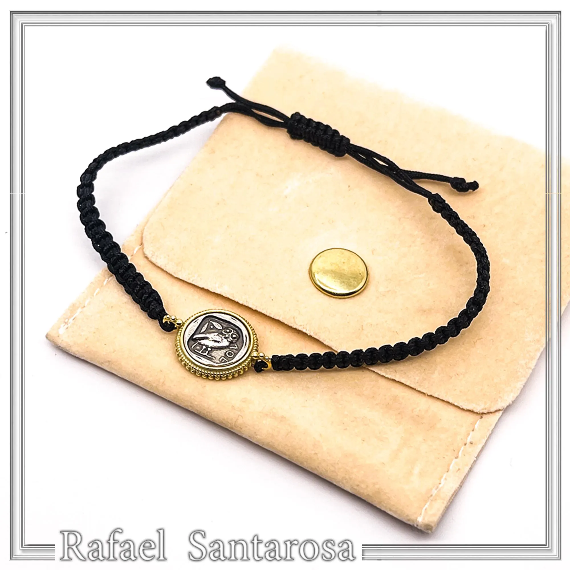Owl Coin Bracelet Macrame Cord 18K Gold Filigree Base, Oxidized Sterling Silver Tetradrachm coin — additional product image 9 from Rafael Santarosa Fine Jewelry
