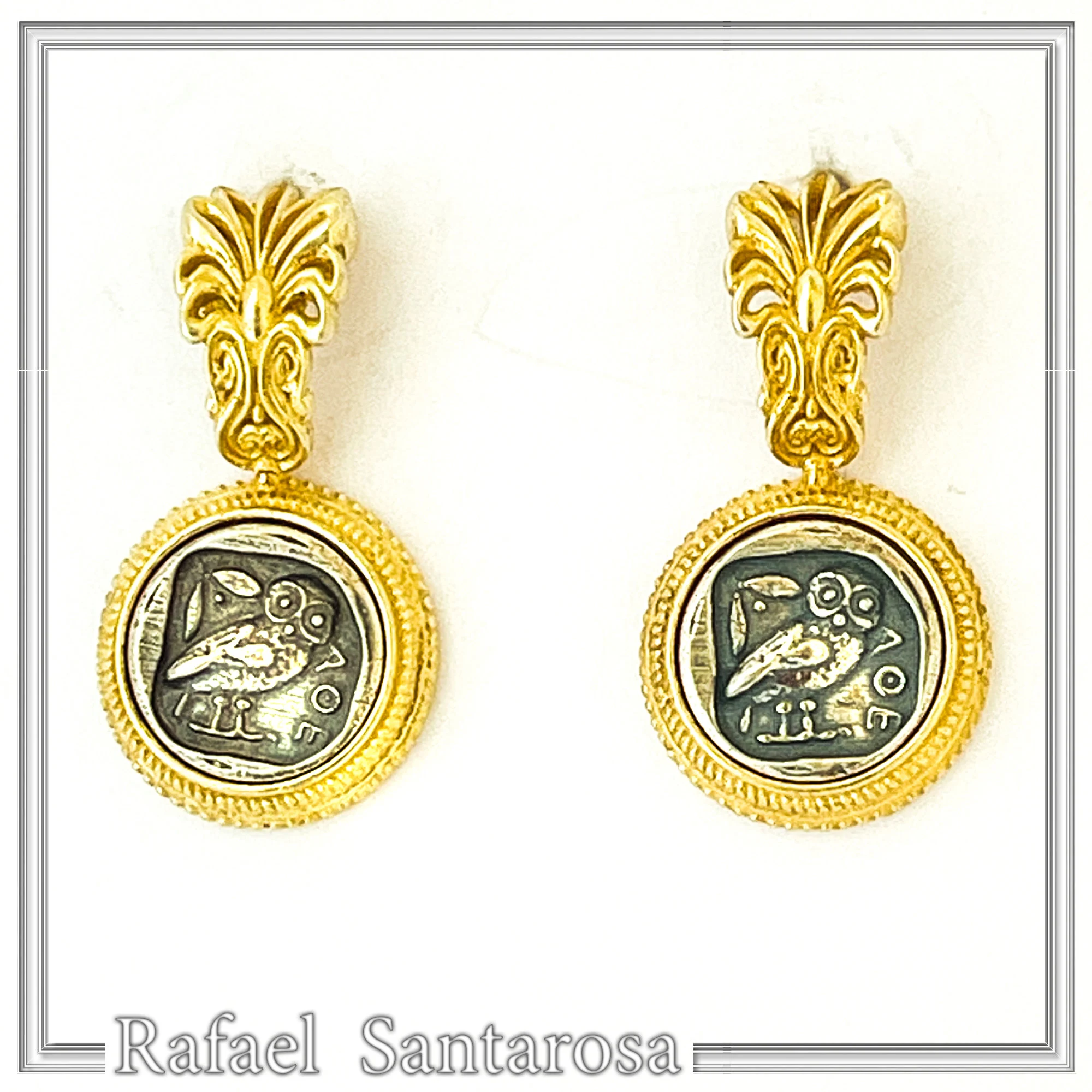 Athena Owl Coin Tetradrachm Antefix Earrings: Oxidised & 18K Gold-Filled Sterling Silver, Museum Replica — additional product image 5 from Rafael Santarosa Fine Jewelry
